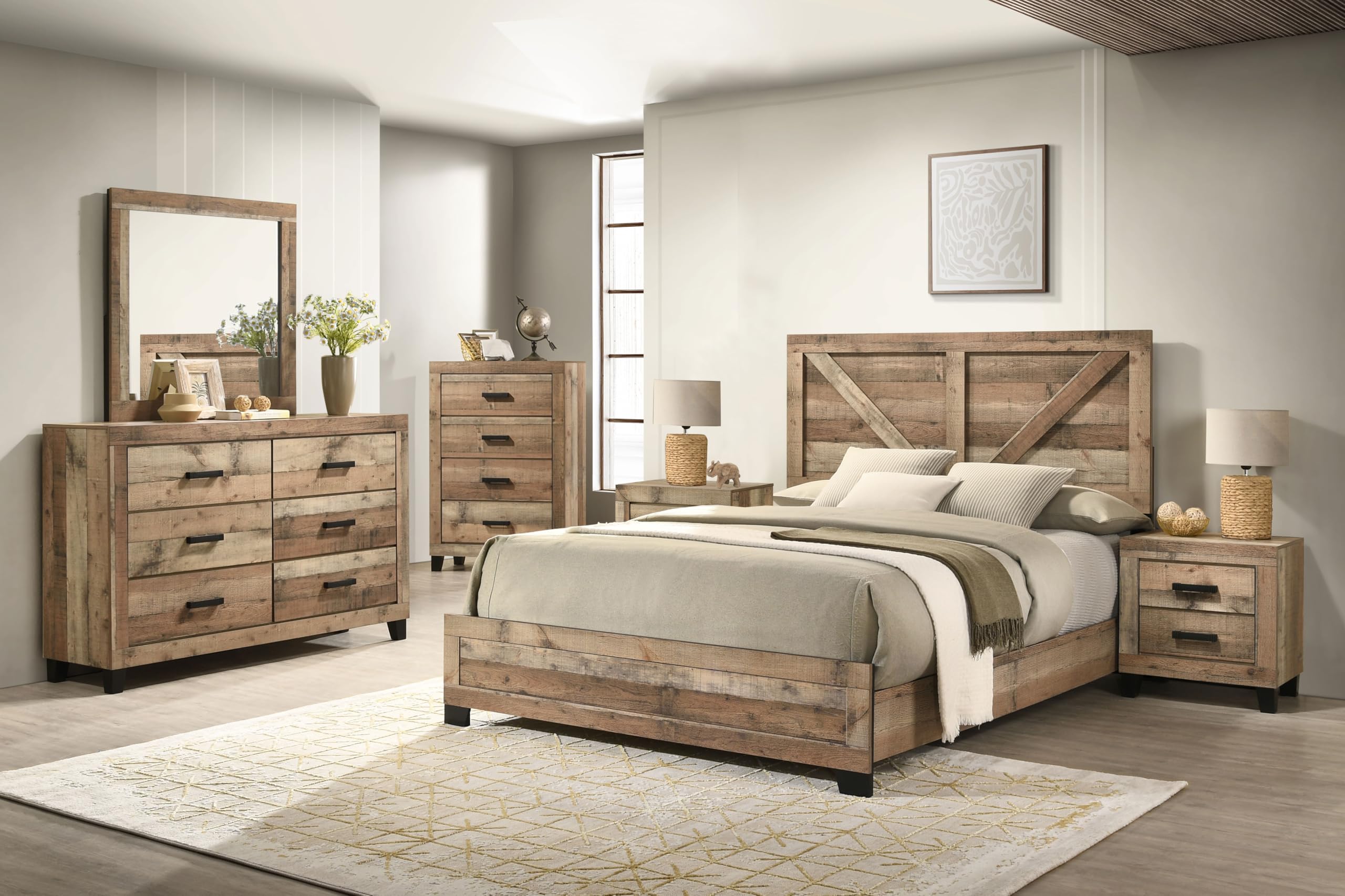 6-Piece Antique Natural Queen Size Bedroom Set - Bed, Dresser, Mirror