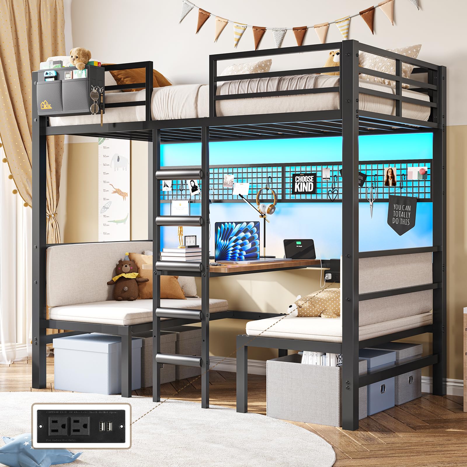 Over twin Bunk Bed with Led Lights and Charging Station Convertible Metal
