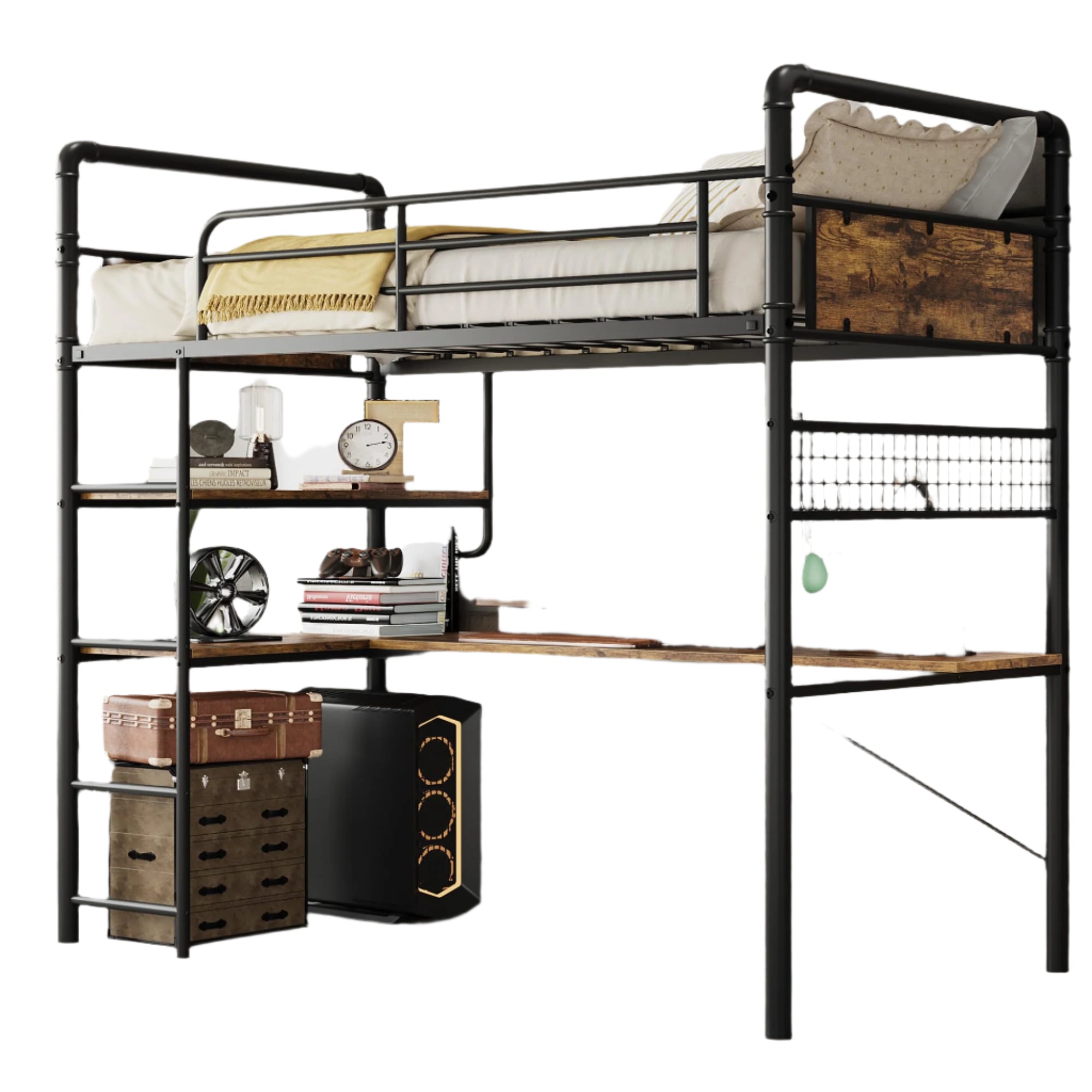Loft Bunk Bed with L-Shaped Desk,Twin Loft Bed with Desk Underneath