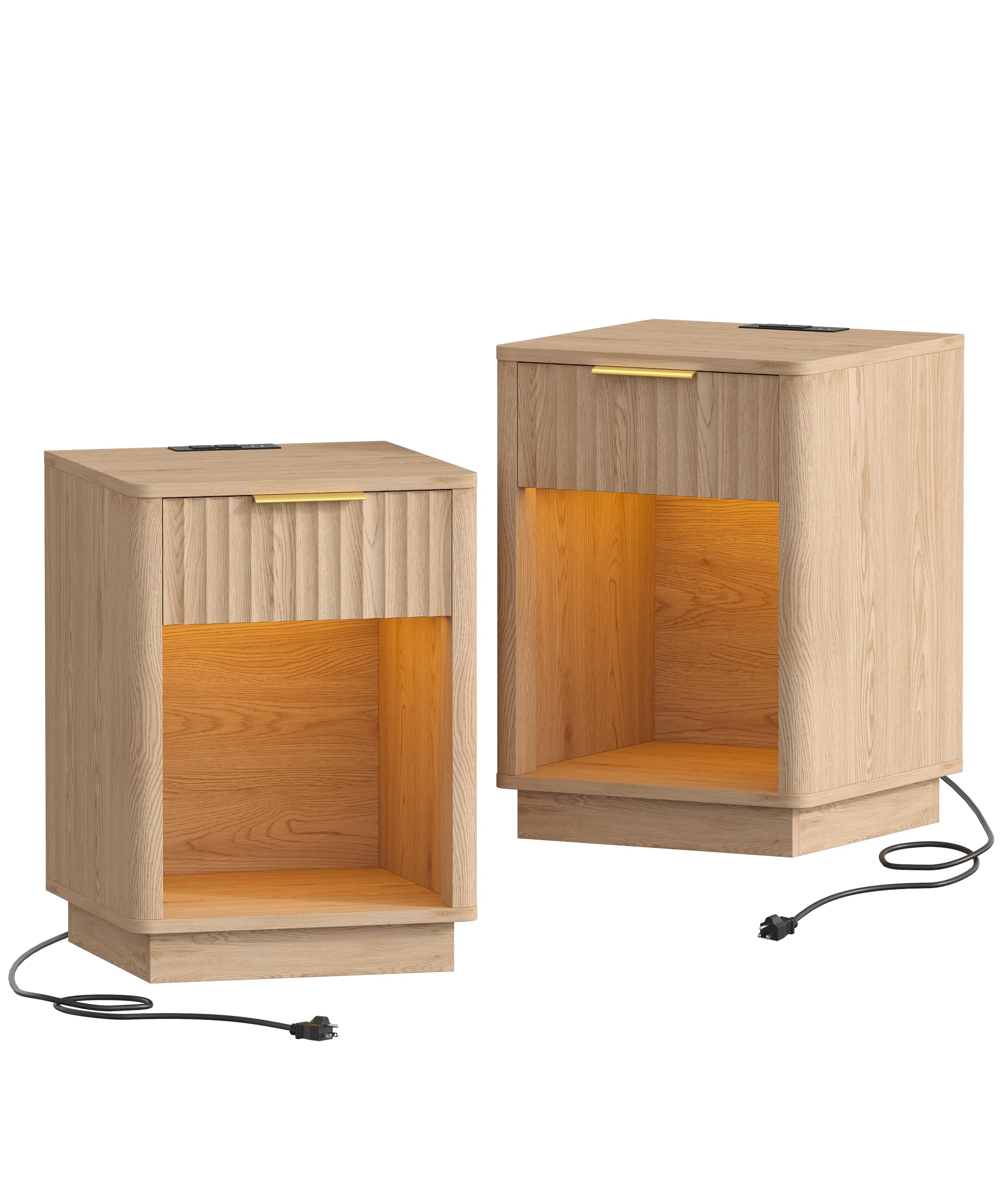 Fluted Nightstands Set of 2, Wooden Night Stand with Charging Station