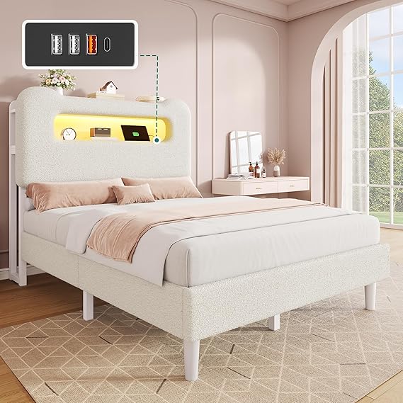 Full Size Bed Frame, LED Bed Frame with Storage Headboard