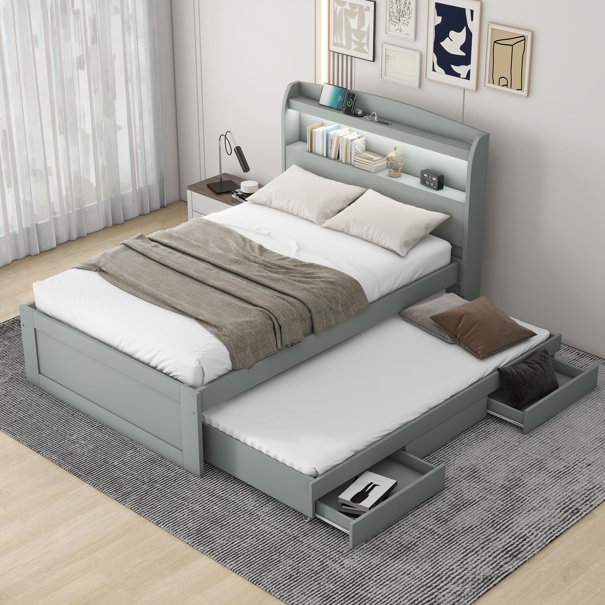Twin XL Size Platform Bed with Storage LED Headboard,Twin Size Trundle,2 Drawers