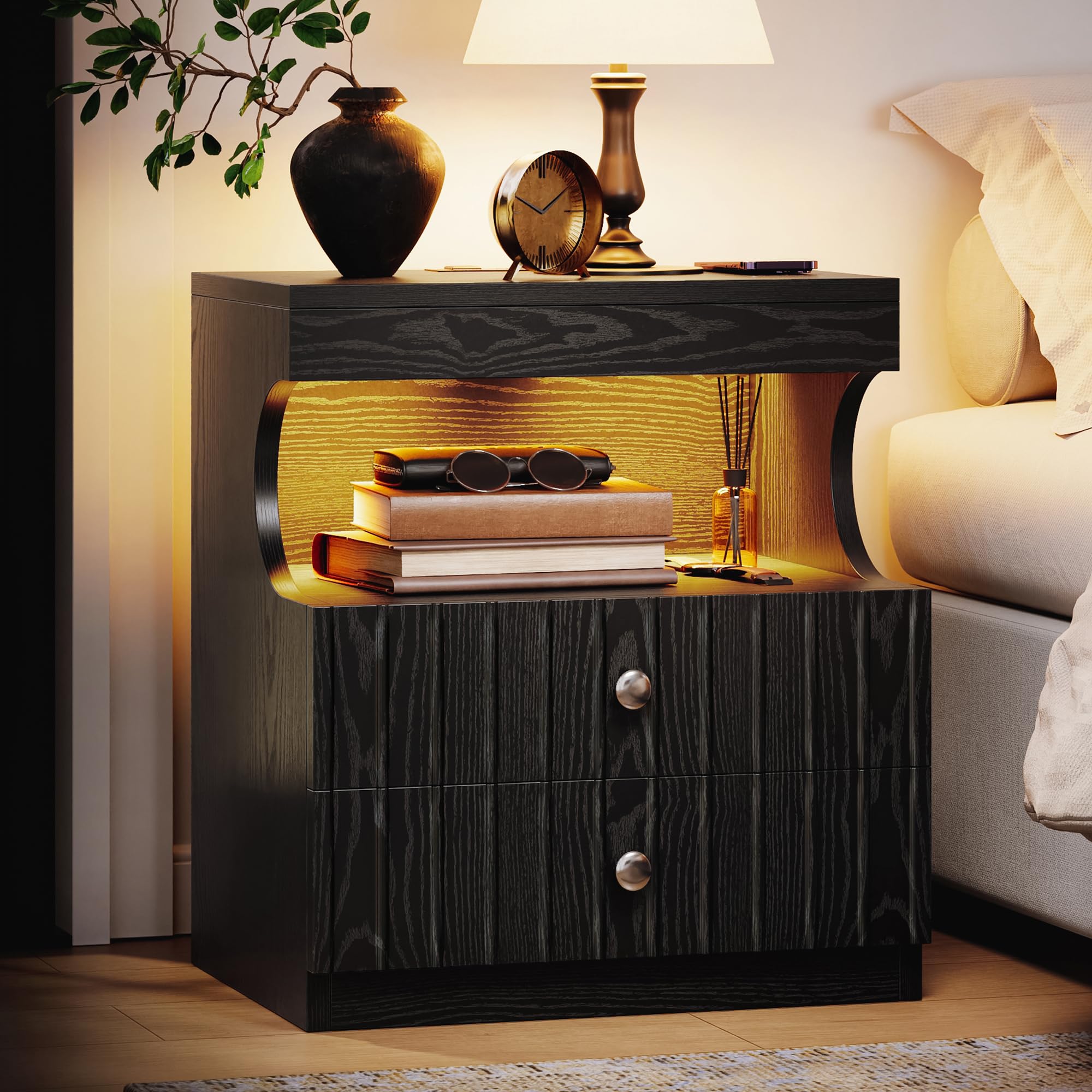 21" LED Nightstand with Charging Station, End Table with 2 Drawers Storage