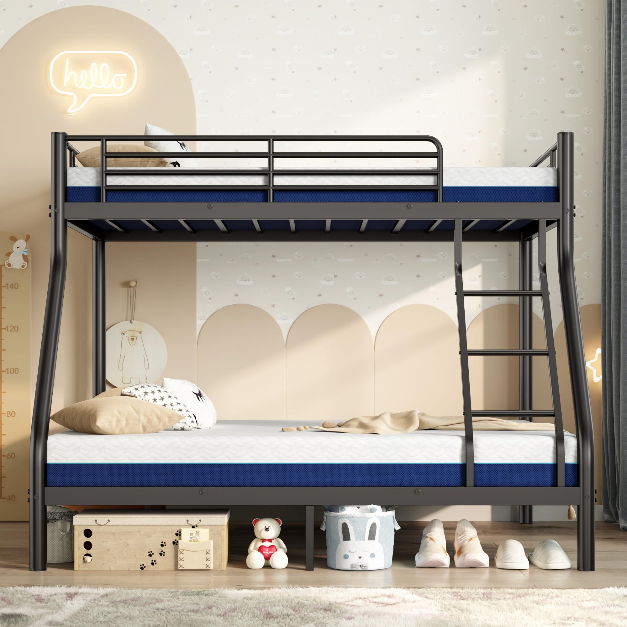 Twin Over Full Bunk Bed with Mattresses, All-in-One Metal Bunk Bed Set for Kids/Adults