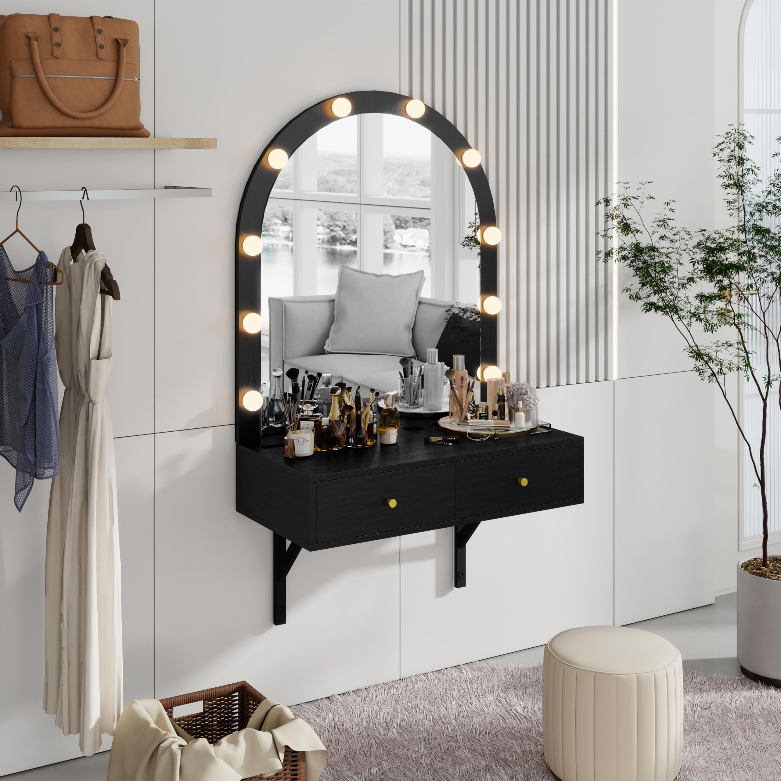 Vanity with Mirror & 3-Color Lights, Wall-Mounted Vanity Desk with Power