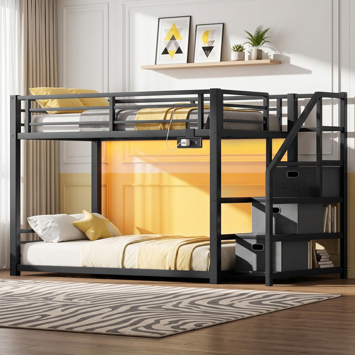 Twin Over Twin Low Bunk Bed with Storage Stairs, Power Outlet & RGB LED Lights