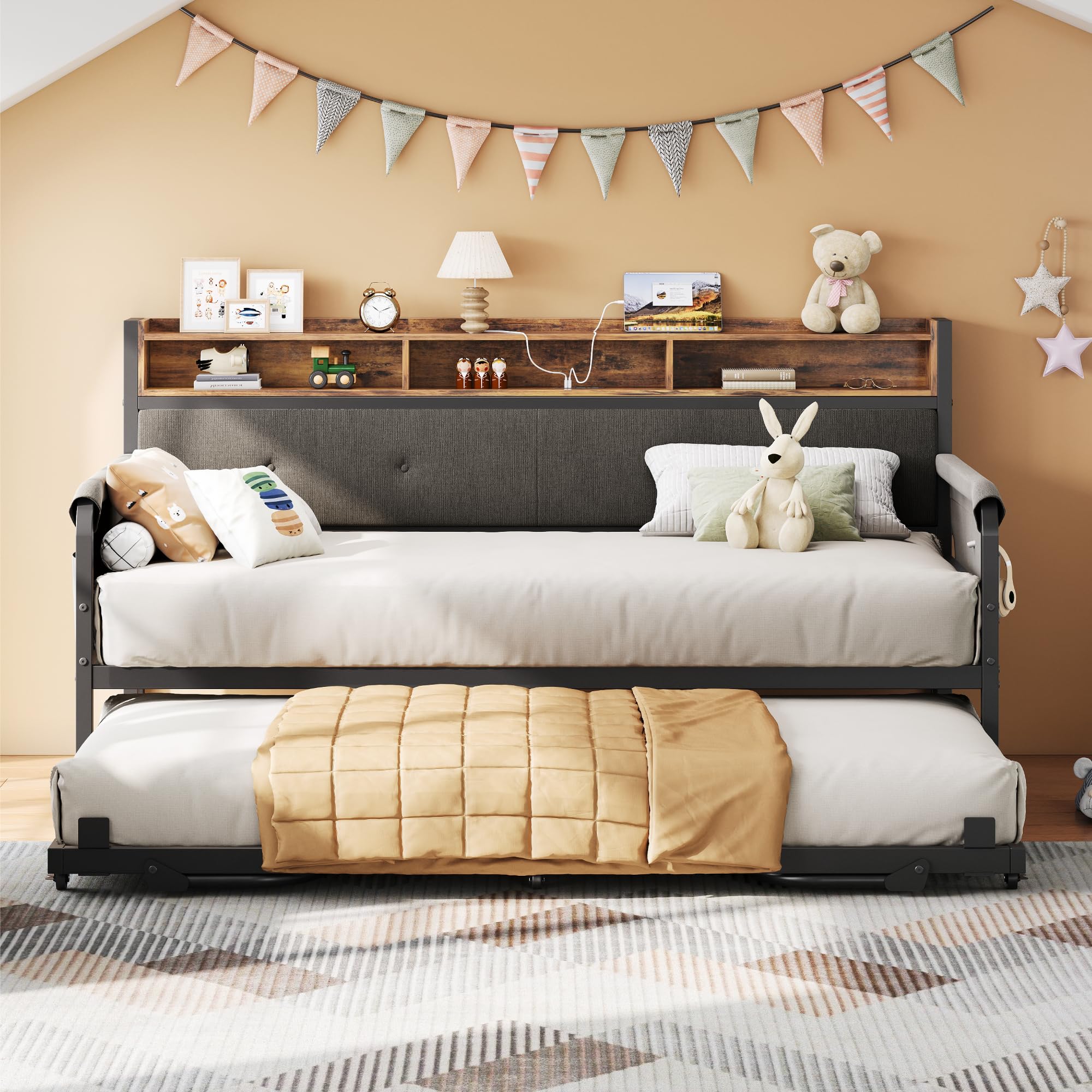 Daybed with Trundle, Twin Bed Frame with Upholstered Headboard and Charging