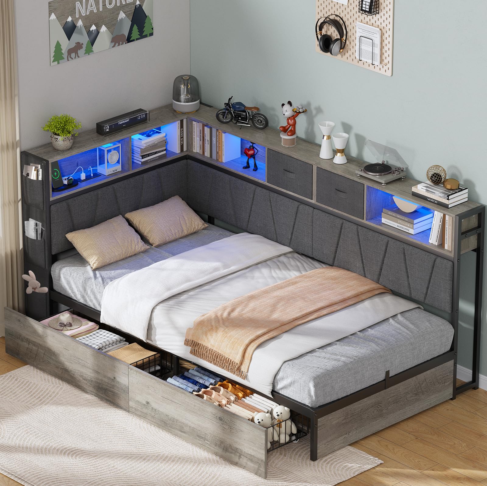 Twin XL Corner Bed Frame with Storage Bookcase