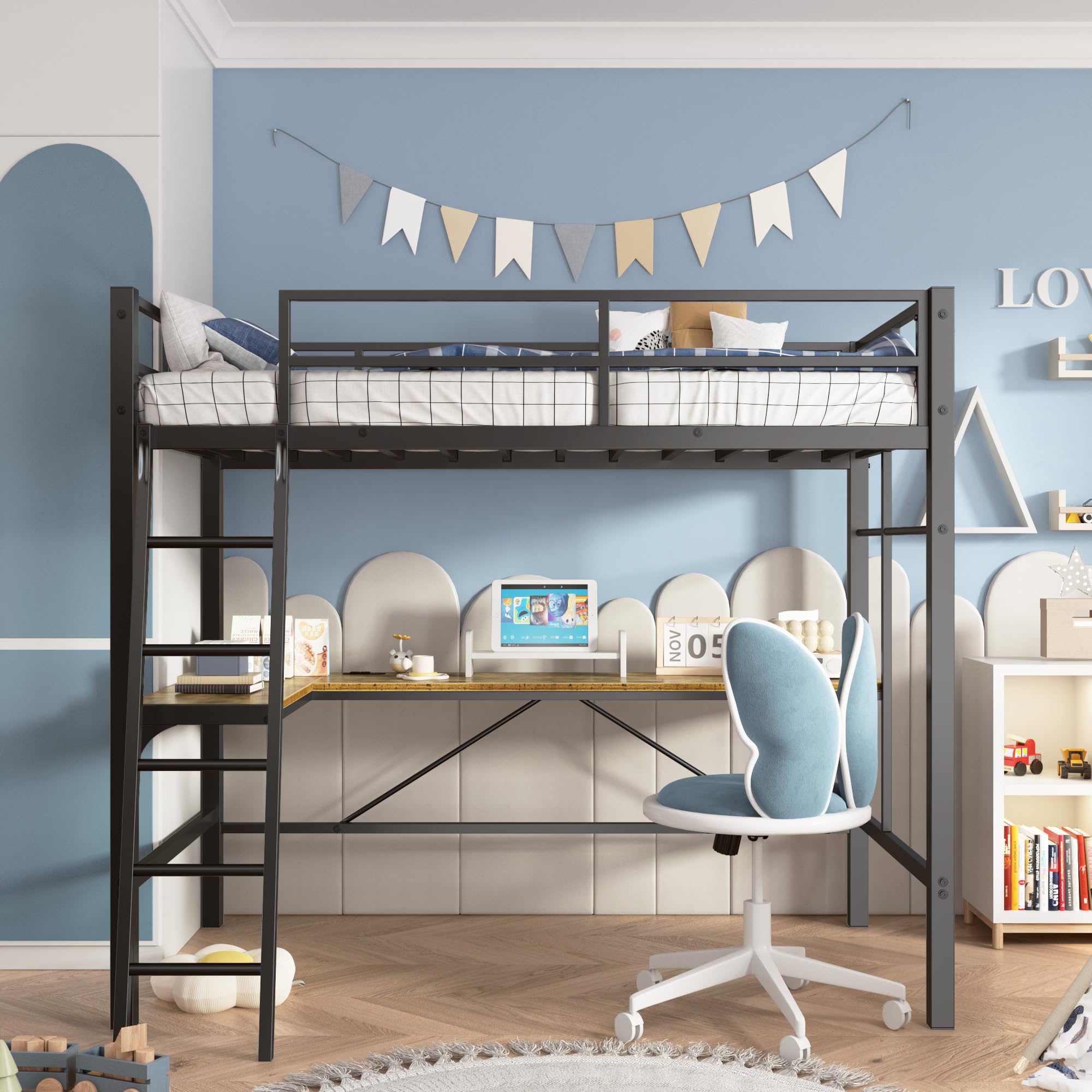 Twin Size with L-Shaped Desk and Charging Station | Sturdy Metal