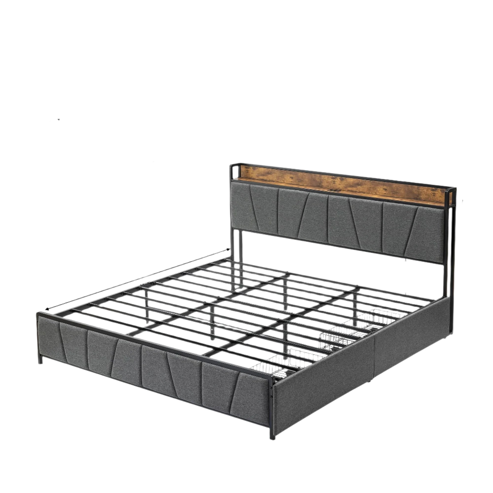 King Size Bed Frame with 2 Storage Drawers and Charging Station