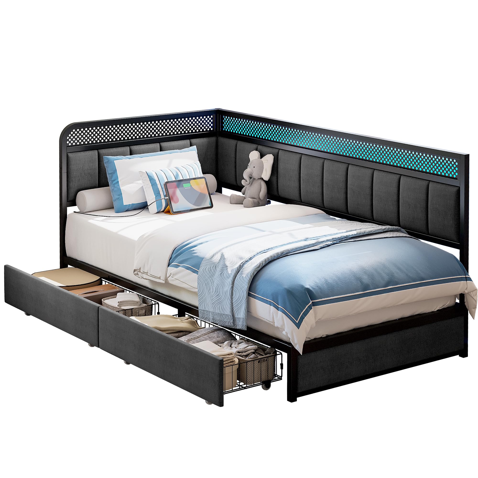 Corner Bed Frame with Storage Drawers and Charging Station