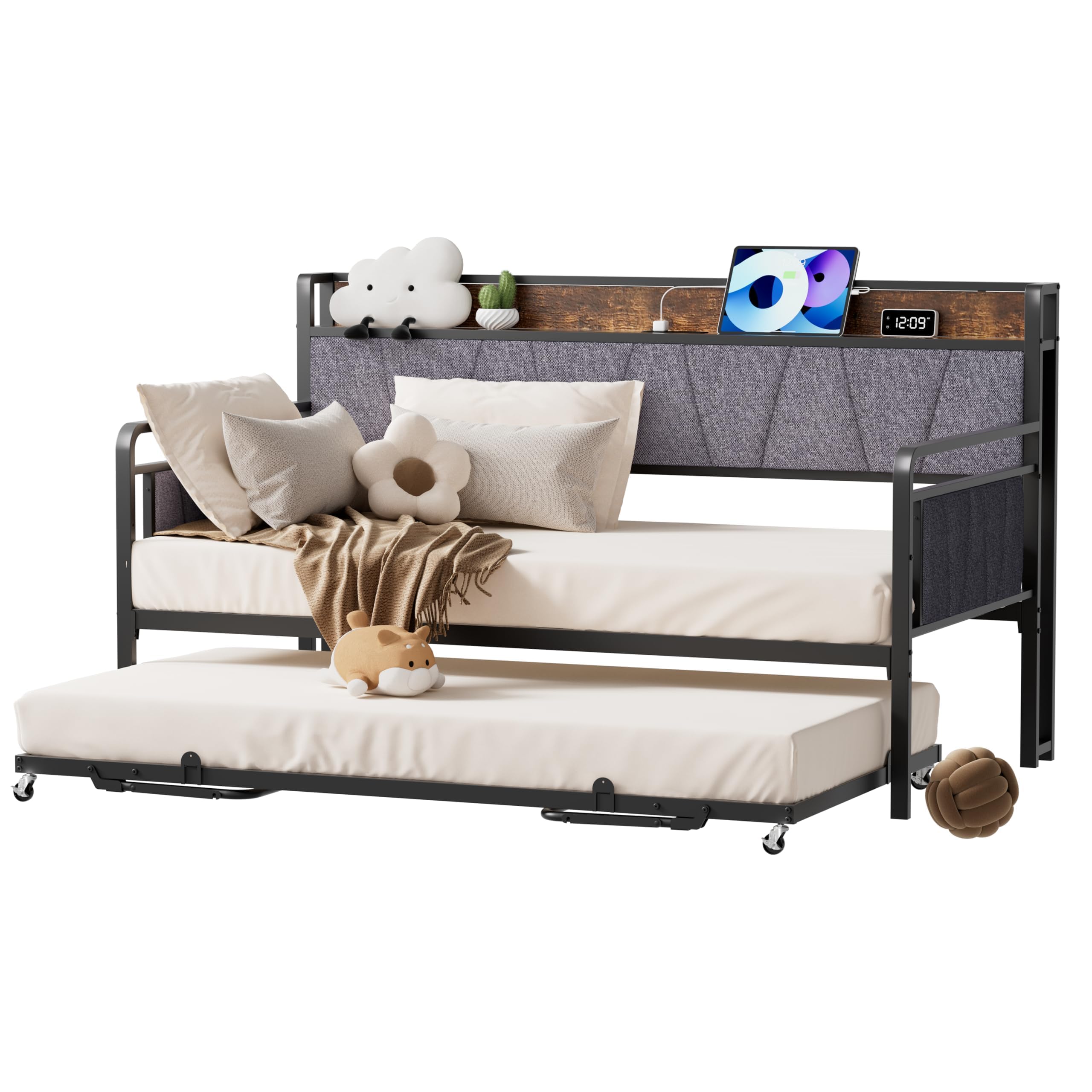 Twin Daybed with Trundle, Modern Twin Size Sofa Day Bed