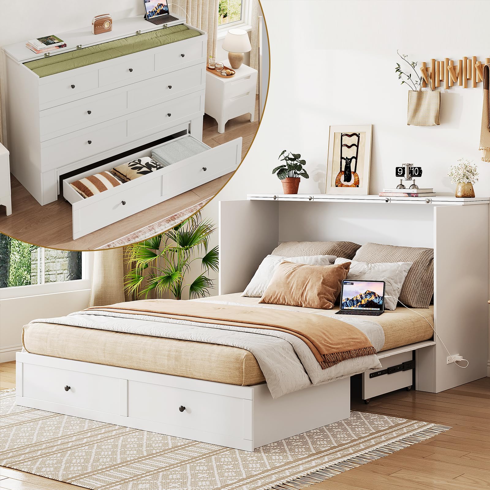 LIVAUVEAD Queen Murphy Bed with Storage & Charging Station, Murphy Cabinet with Foldable Panel, Noisy Free, for Guest Bedroom, Living Room, Office, Distressed White