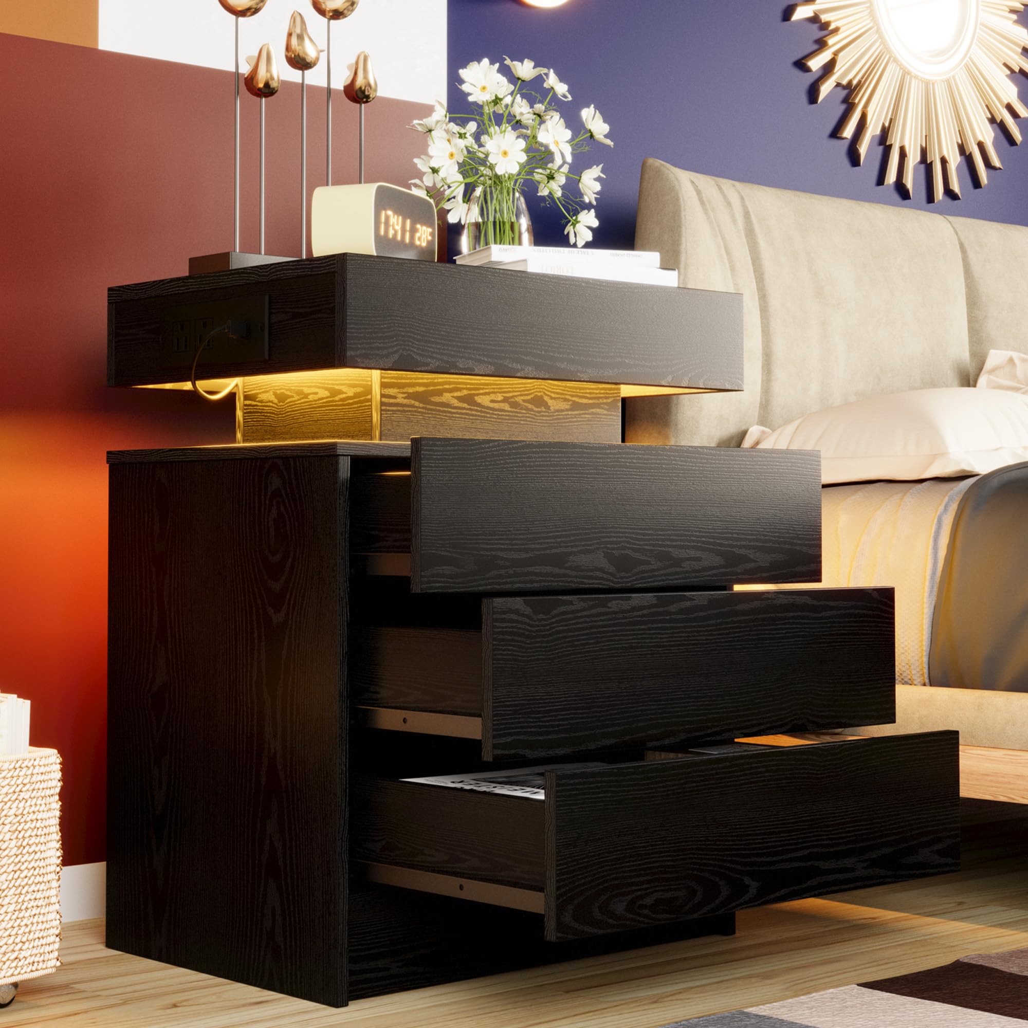 Night Stand with Charging Station, Modern Black Nightstand with LED Light and 3 Drawers
