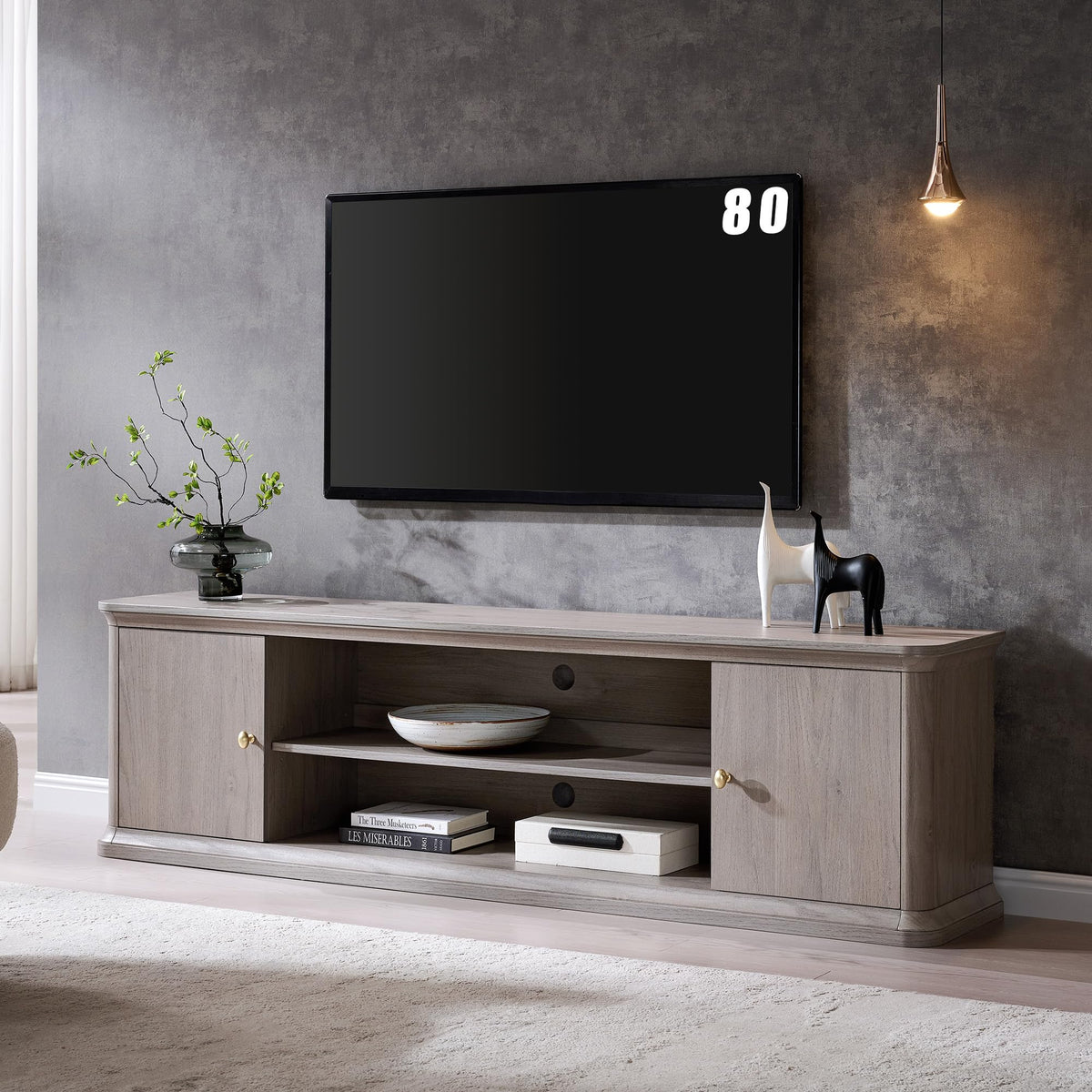 70" TV Stand with Storage Cabinets & Curved Wood Console