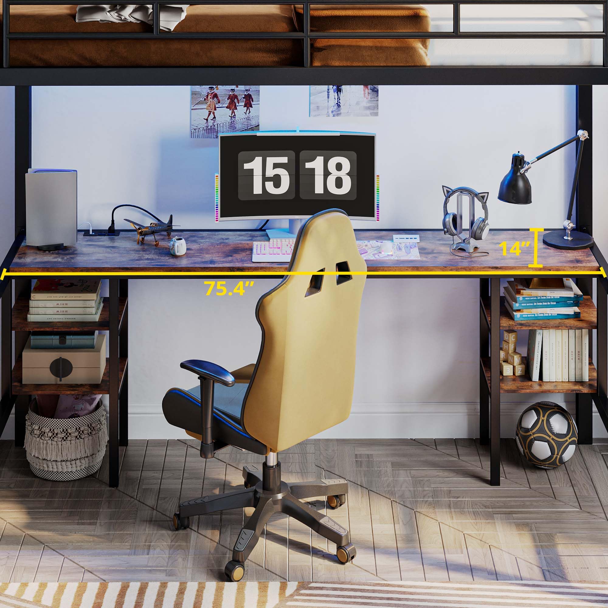 Loft Bed Twin Size with Desk and 4 Storage Shelves, Metal Loft