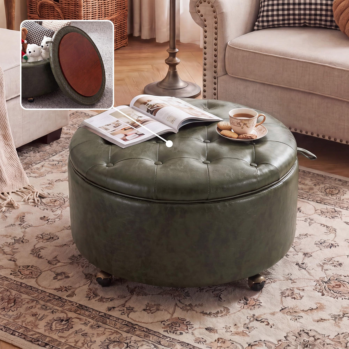 Round Storage Ottoman with Tray & Wheels