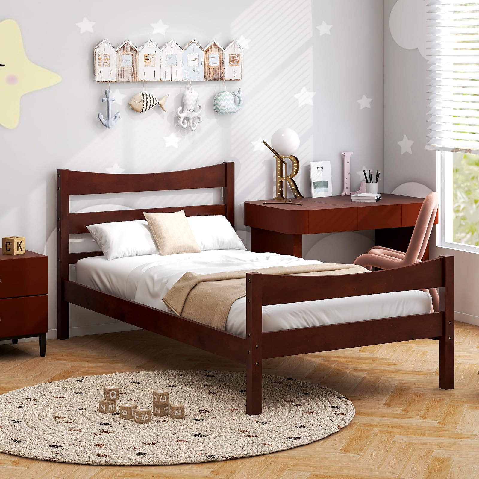 Wood Bed Frame Twin Size, Rustic Style Platform Bed w/Headboard & Footboard