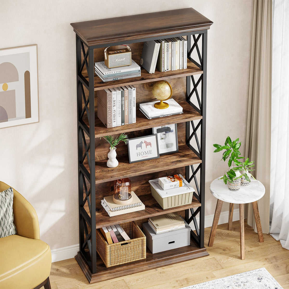 5-Tier Industrial Bookshelf with X-Pattern Accents