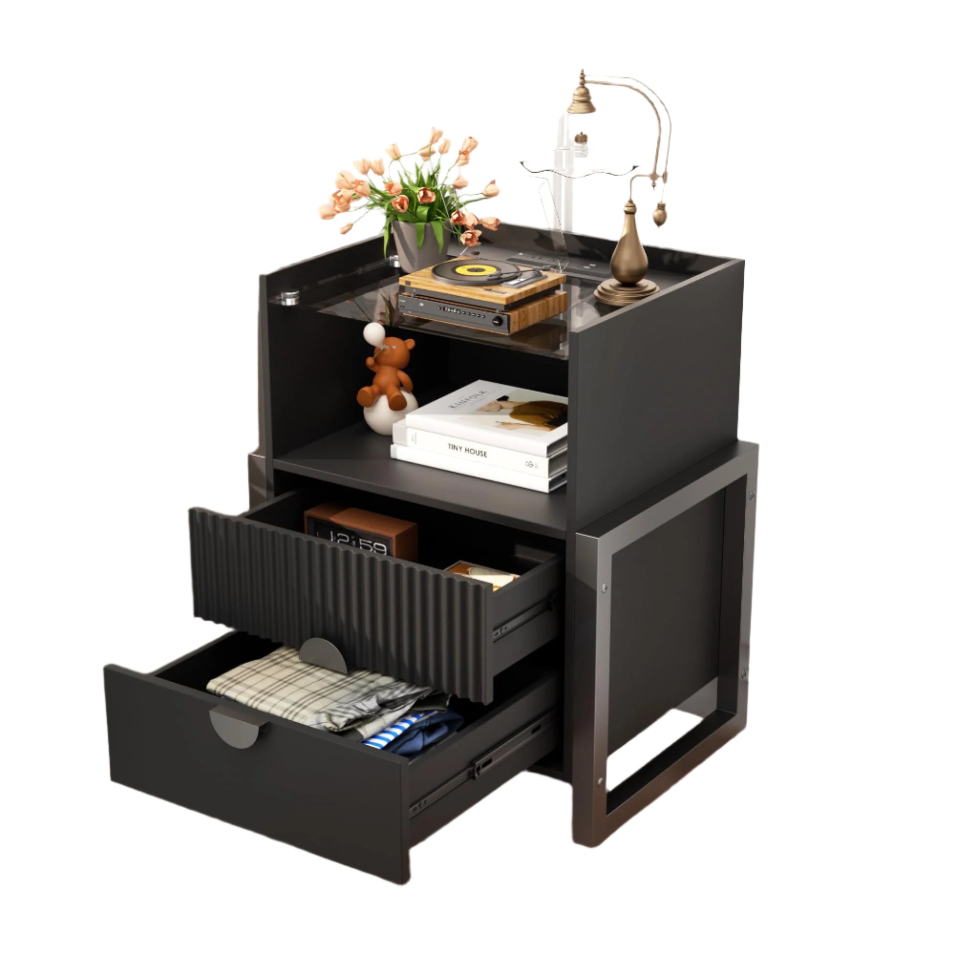 Fluted Nightstand with Strip Lights and Charging Station 24'' End Table
