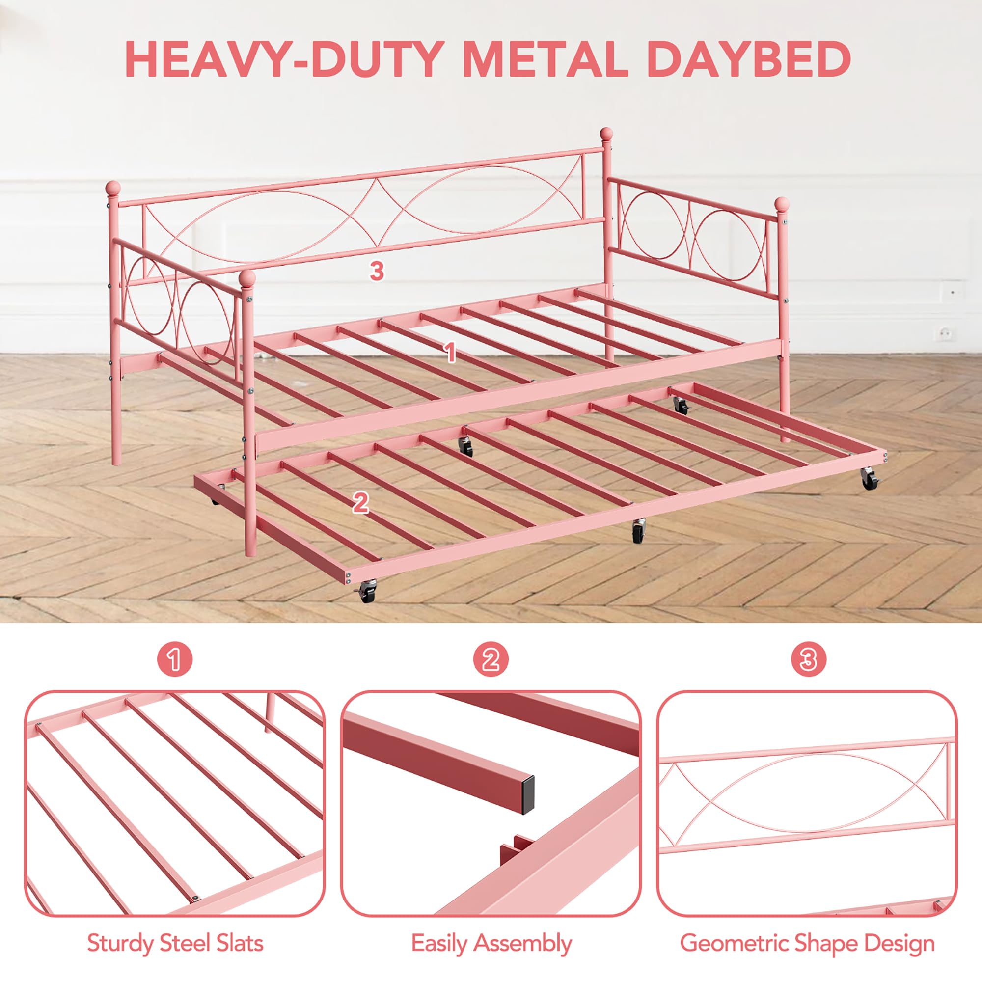 Twin Daybed with Pull-Out Trundle & Metal Slats Support - Space-Saving Bed