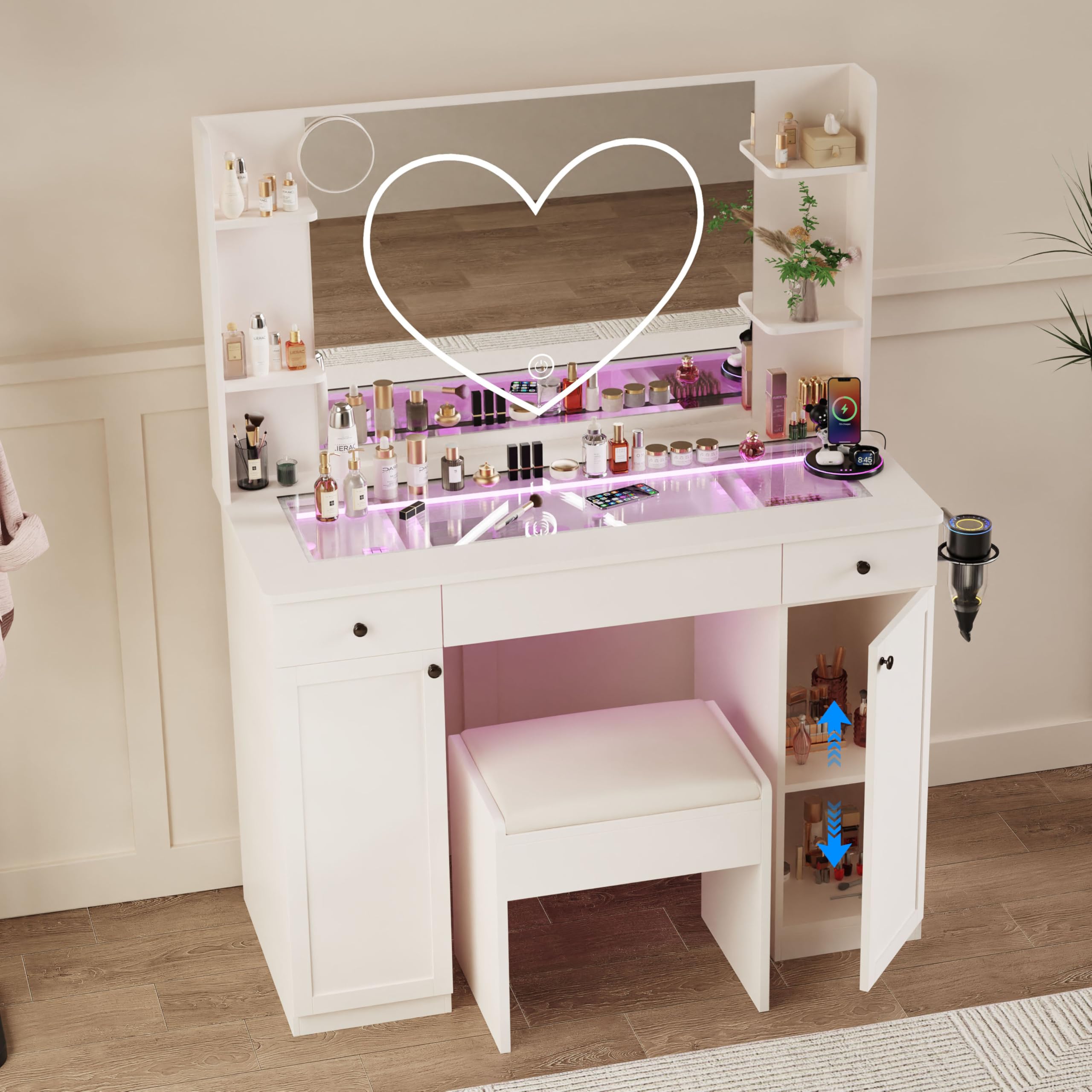 Mirror And Lights 43-Inch Vanity With Charging Station And Vanity Stool FCC