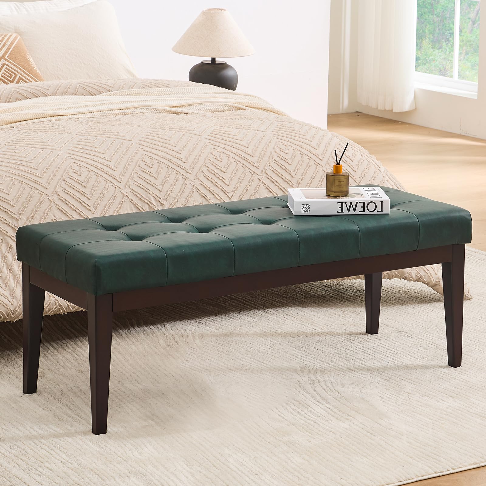 47.2" Button-Tufted Leather Ottoman Bench, Entryway Bench Seat