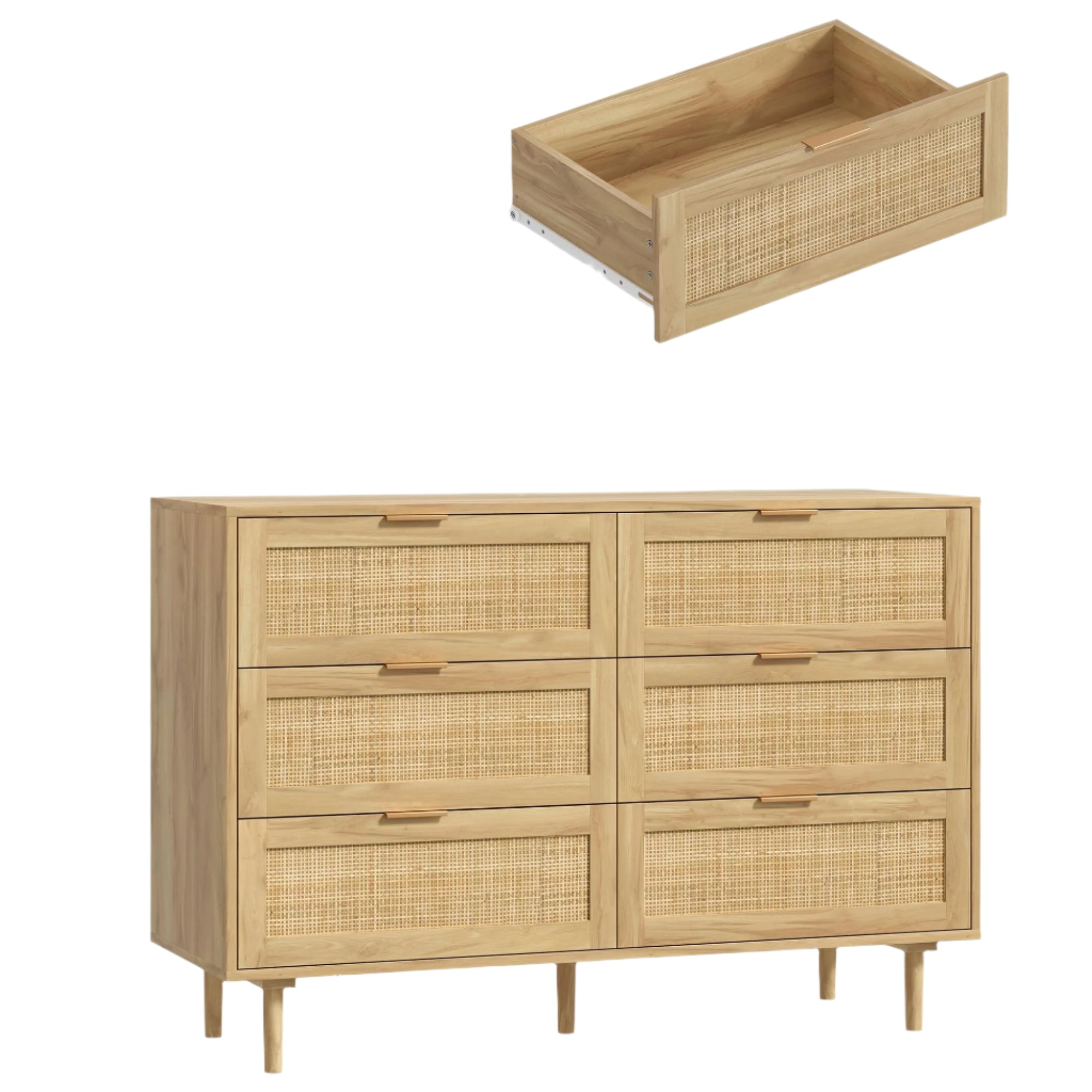 6 Drawer Rattan Dresser for Bedroom Wood Dresser for Closet