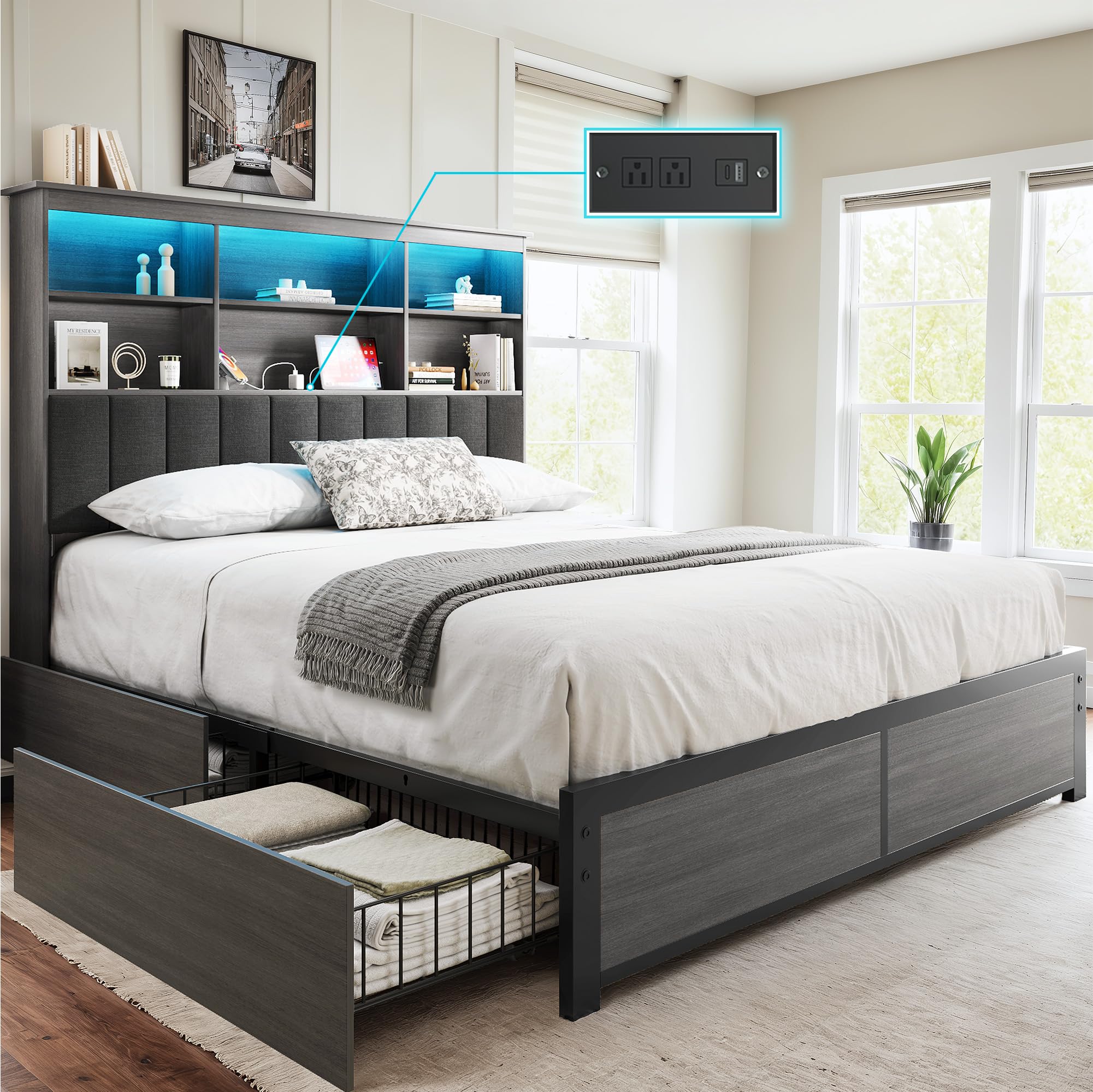 Queen Bed Frame with Storage Headboard, Wood Bed with High Storage Bookcase