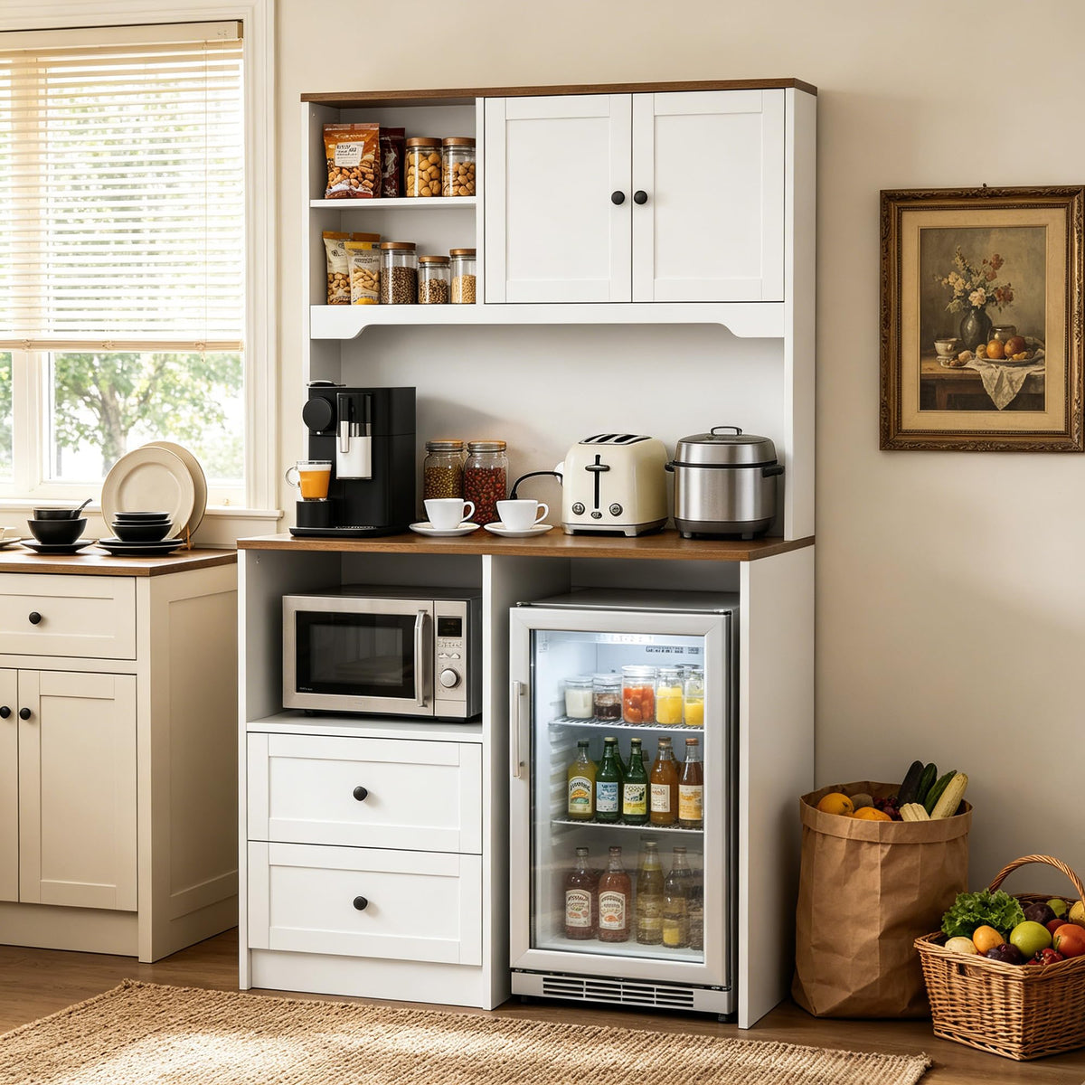 72" Kitchen Pantry Cabinet with Mini Fridge Space, Charging Station & 3 Open Shelves