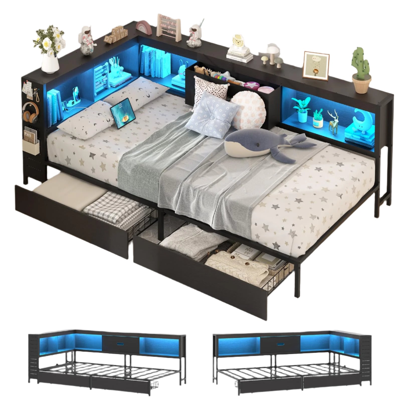 Bed Frame with Storage Bookcase, Twin Daybed with Charging
