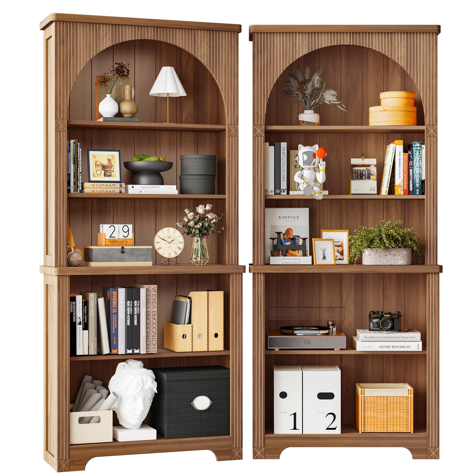 71" Arched Fluted Bookshelf, 5-Tier Tall Bookcase with Adjustable Shelves