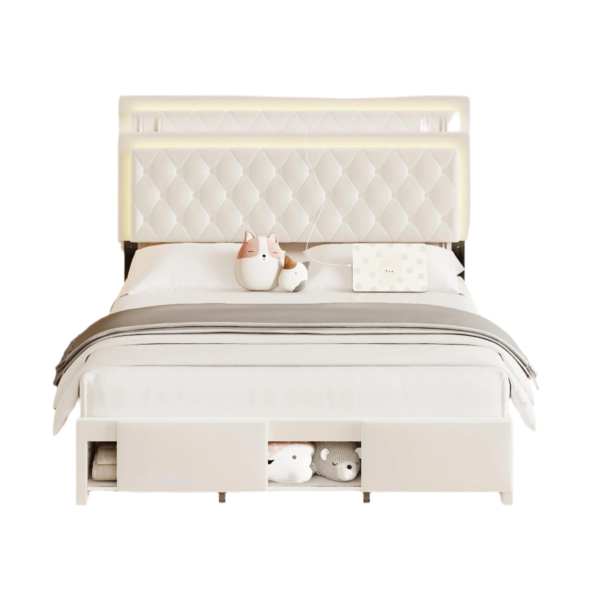 Queen Size Bed Frame with Storage, LED Bed Frame Queen with Adjustable Headboard