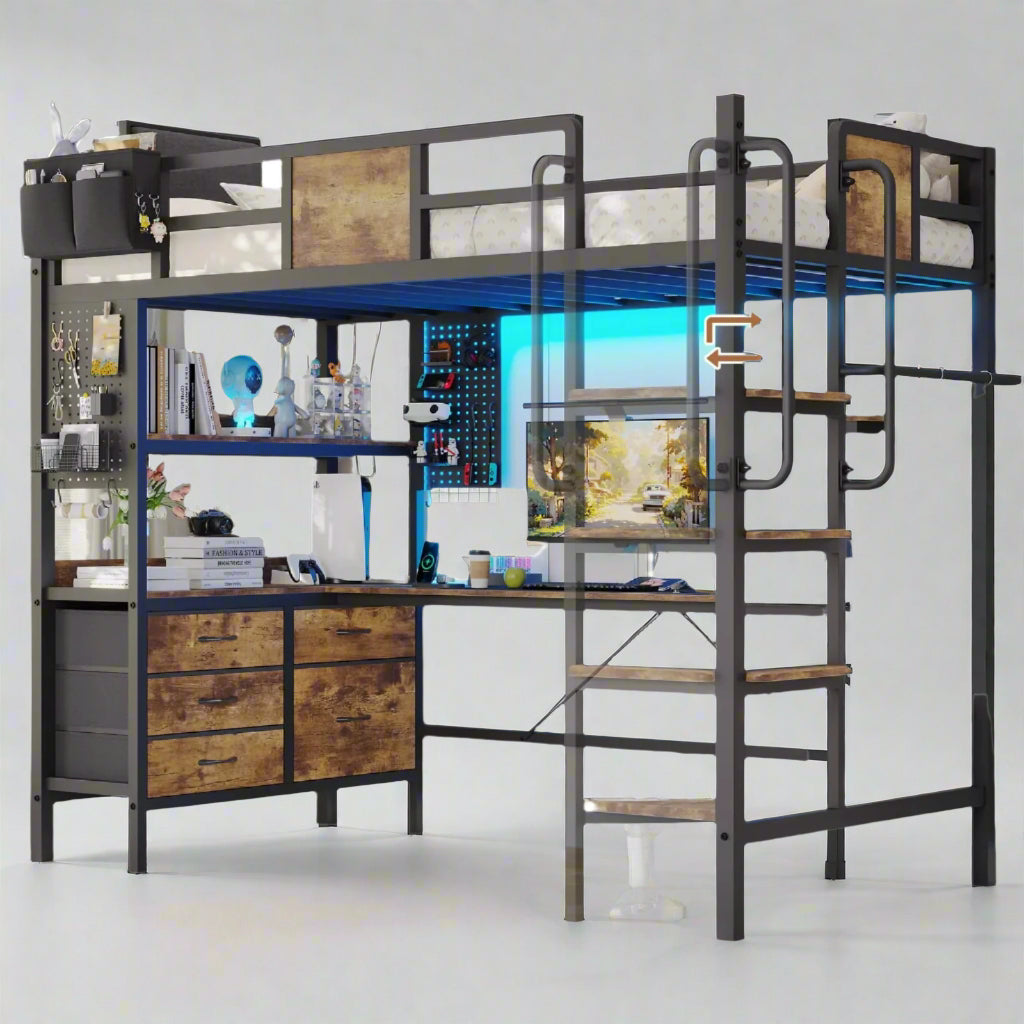 Loft Bed Twin Size with L-Shaped Desk,Twin Loft Bed with 5 Storage Drawers