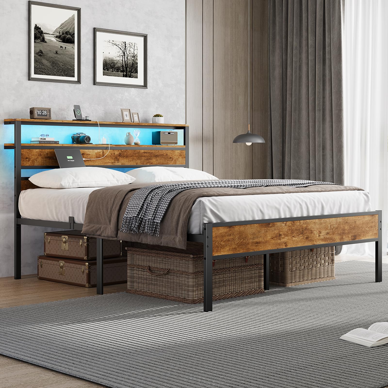 Frame with Headboard, LED Lights and Charging Station