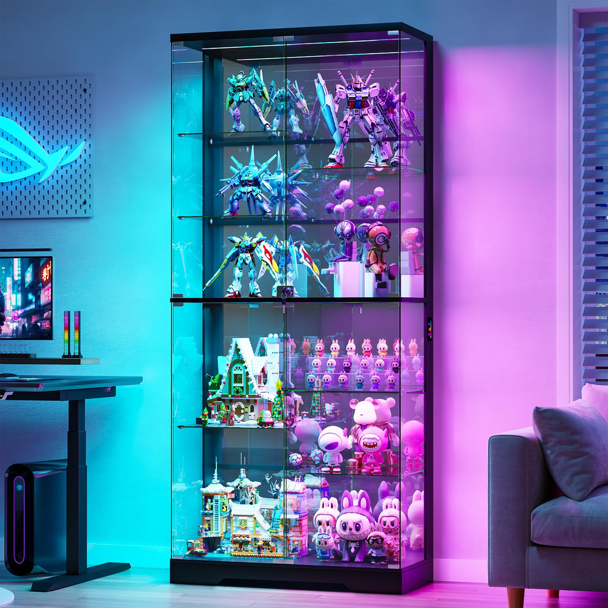 RGB Lighted Display Cabinet with Glass Doors & Lock