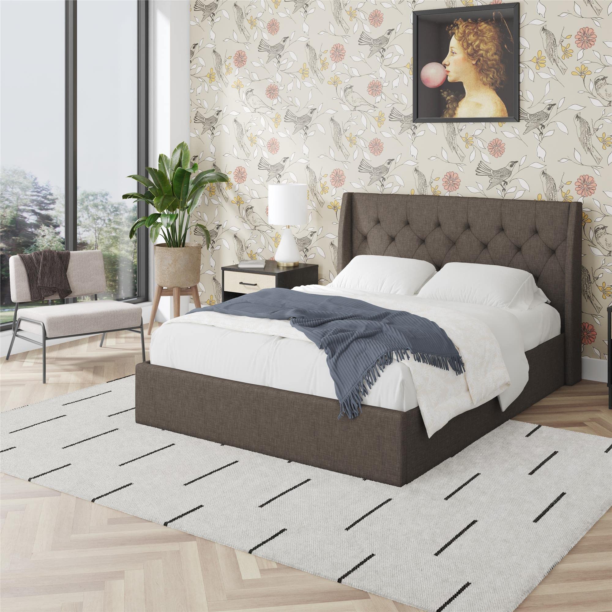 Her Majesty Lift Up Storage Bed Frame, Queen, Light Gray Linen