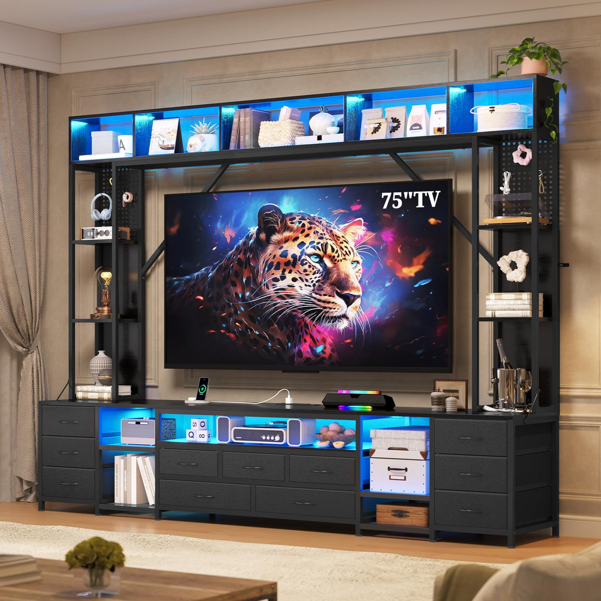Large Entertainment Center with LED Lights & 11 Fabric Drawers