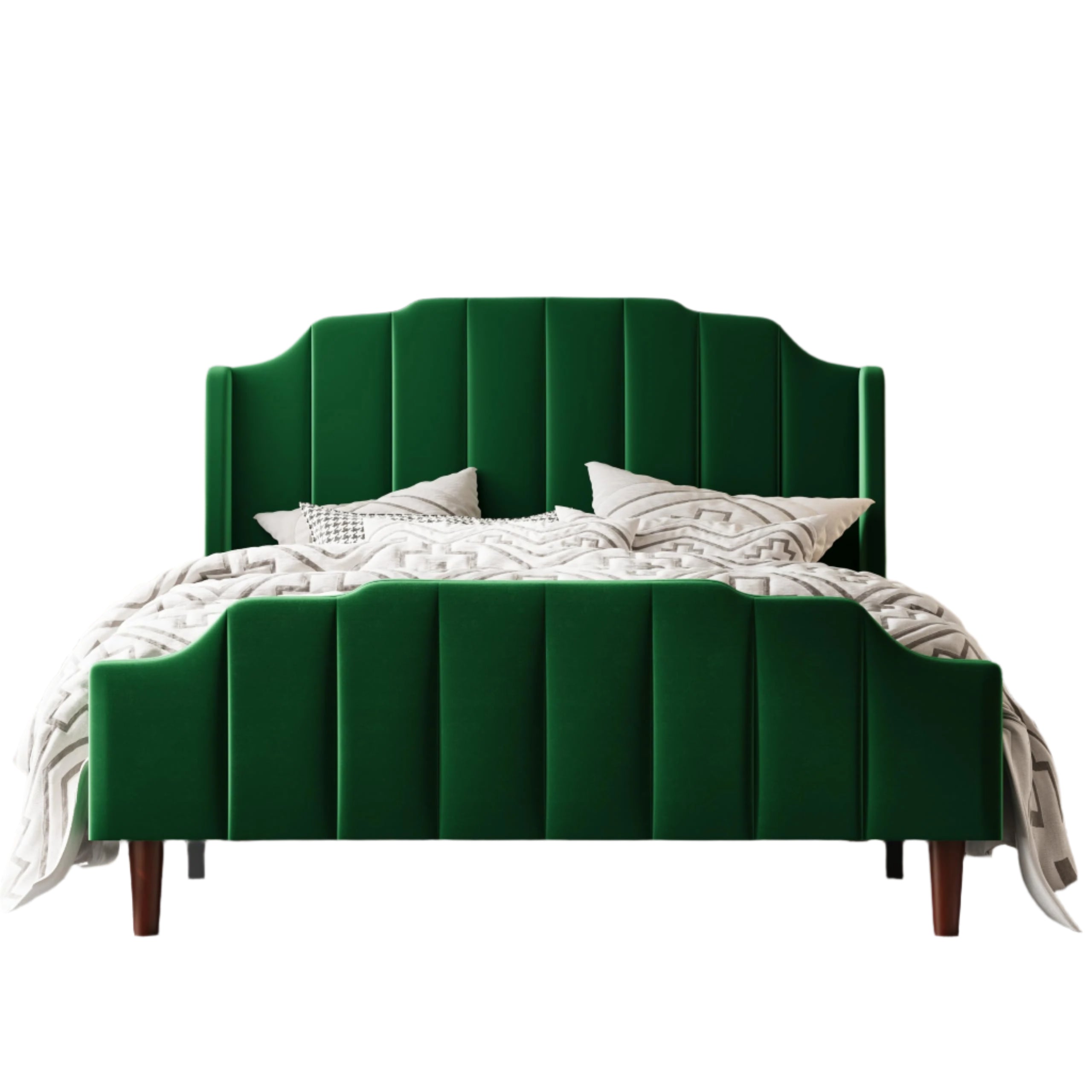 Queen Size Upholstered Velvet Bed Frame with Curved Vertical Wingback
