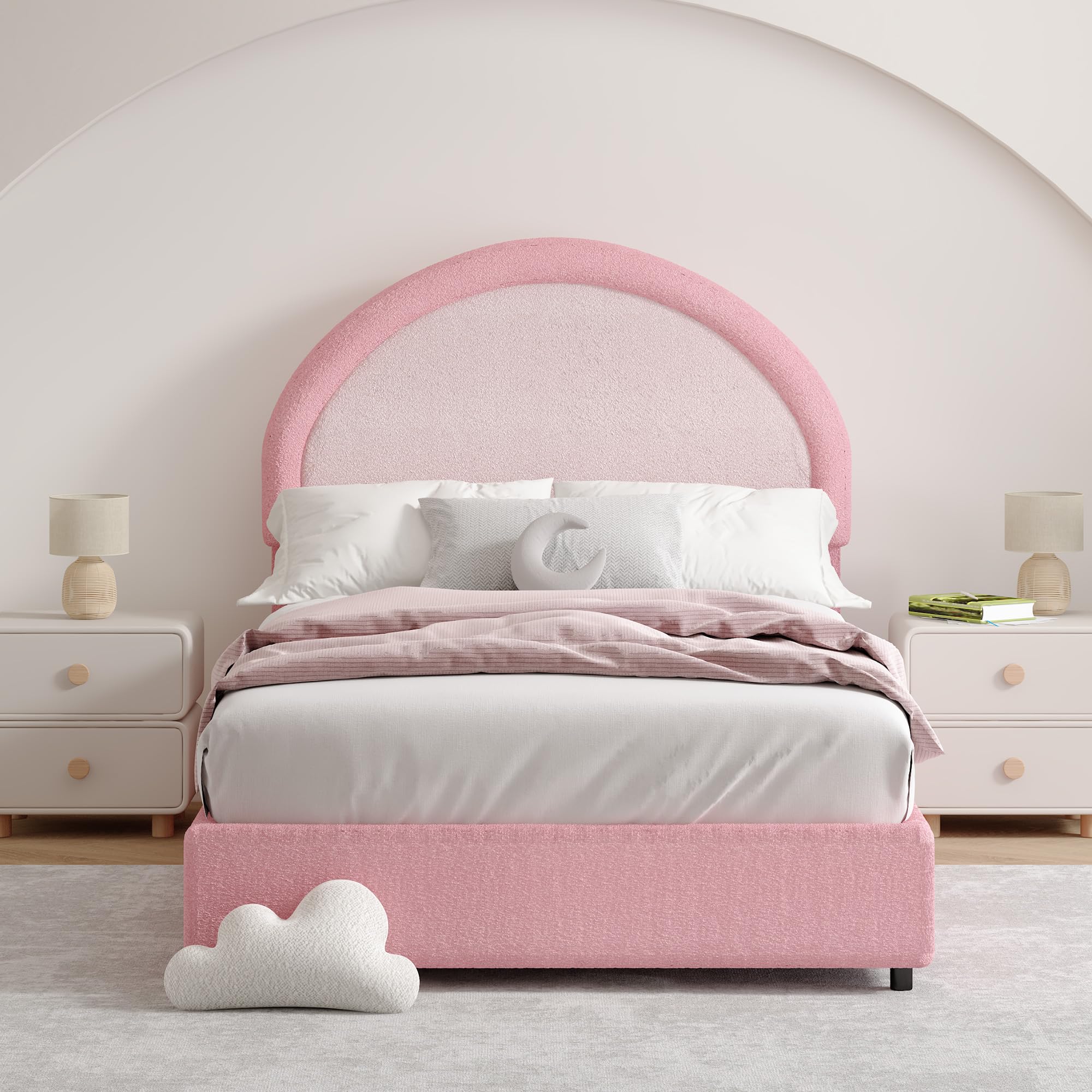 Twin Size Bed Frame, Boucle Upholstered Platform Bed with Headboard