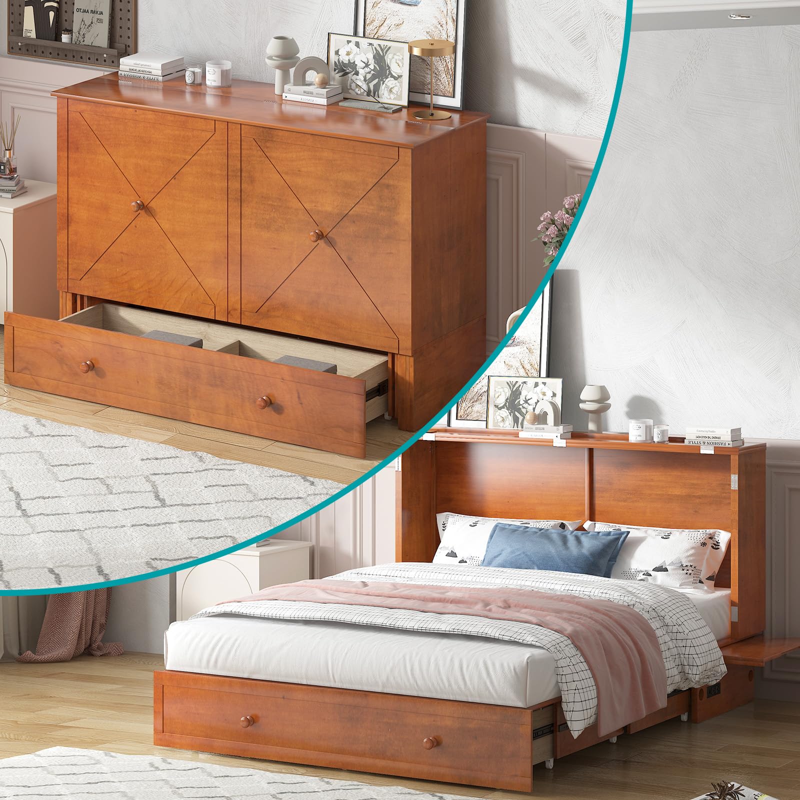 Murphy Bed, Queen Cabinet Bed with Tri-Fold Memory Foam Mattress