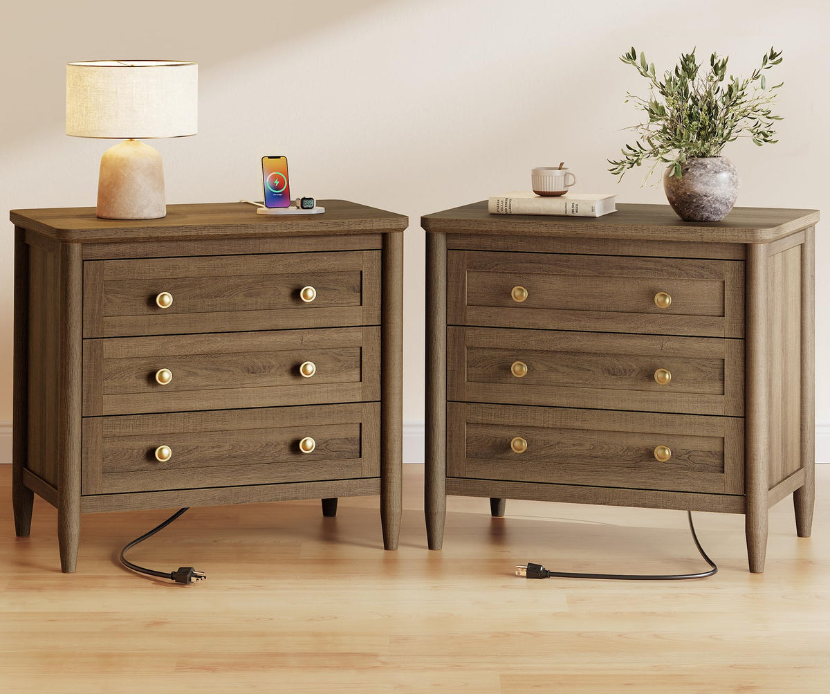 Tall Nightstand with Hidden Charging Station & 3 Drawers