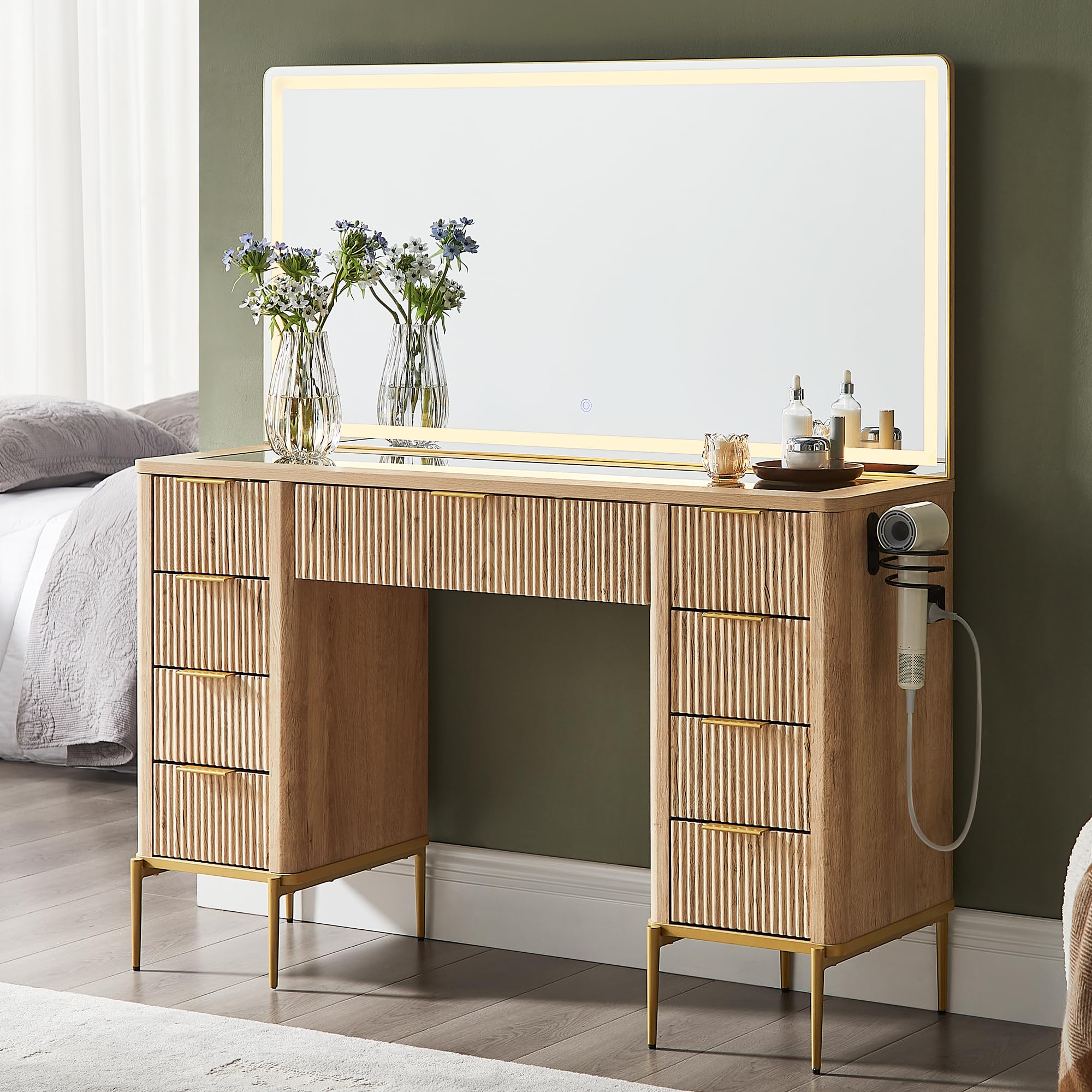 48" Fluted Makeup Vanity Desk with LED Mirror, 9 Drawers & Charging Station