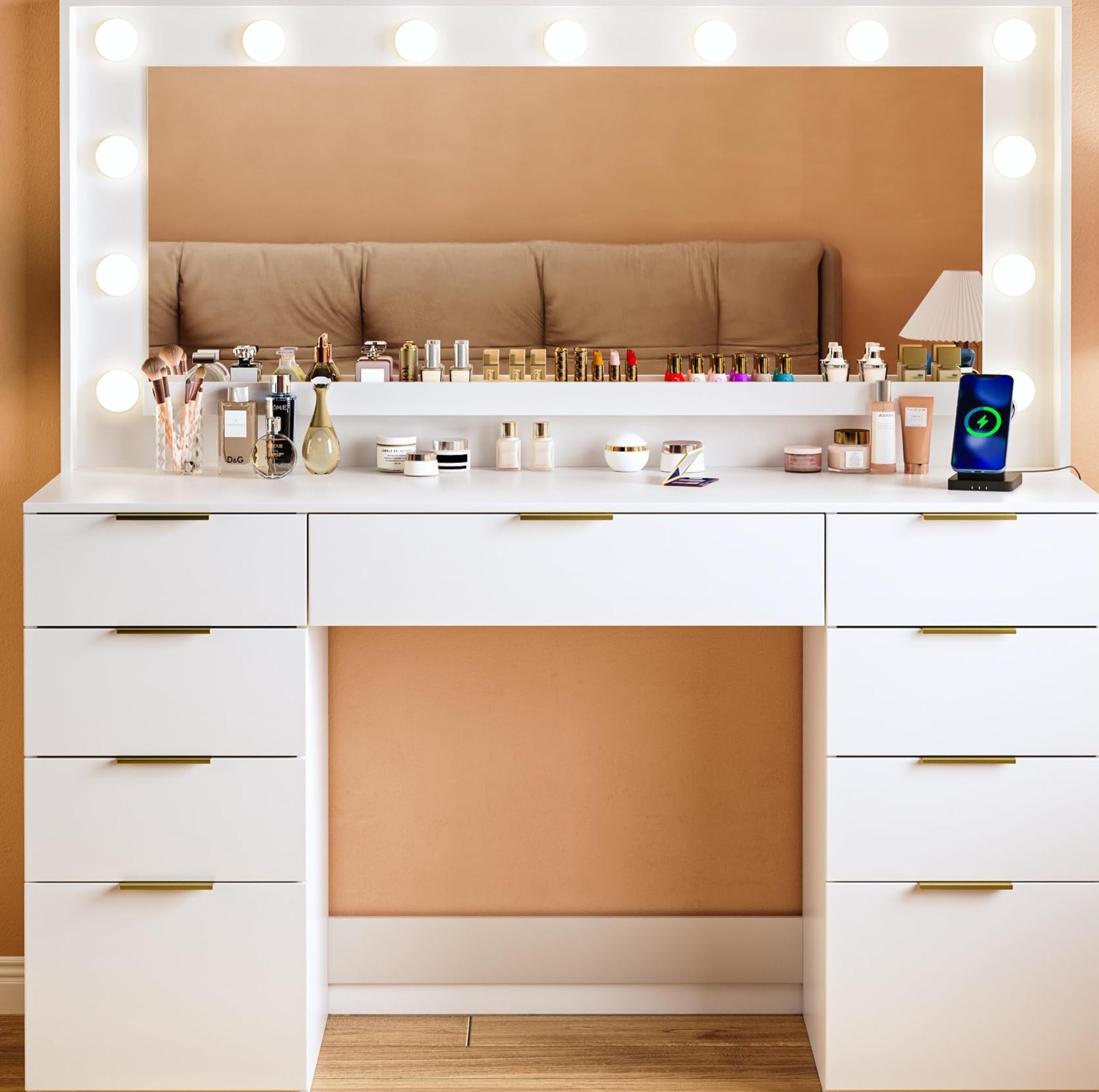 Desk with Large Mirror and Lights, 45.3in Makeup Vanity with Power Outlet 9