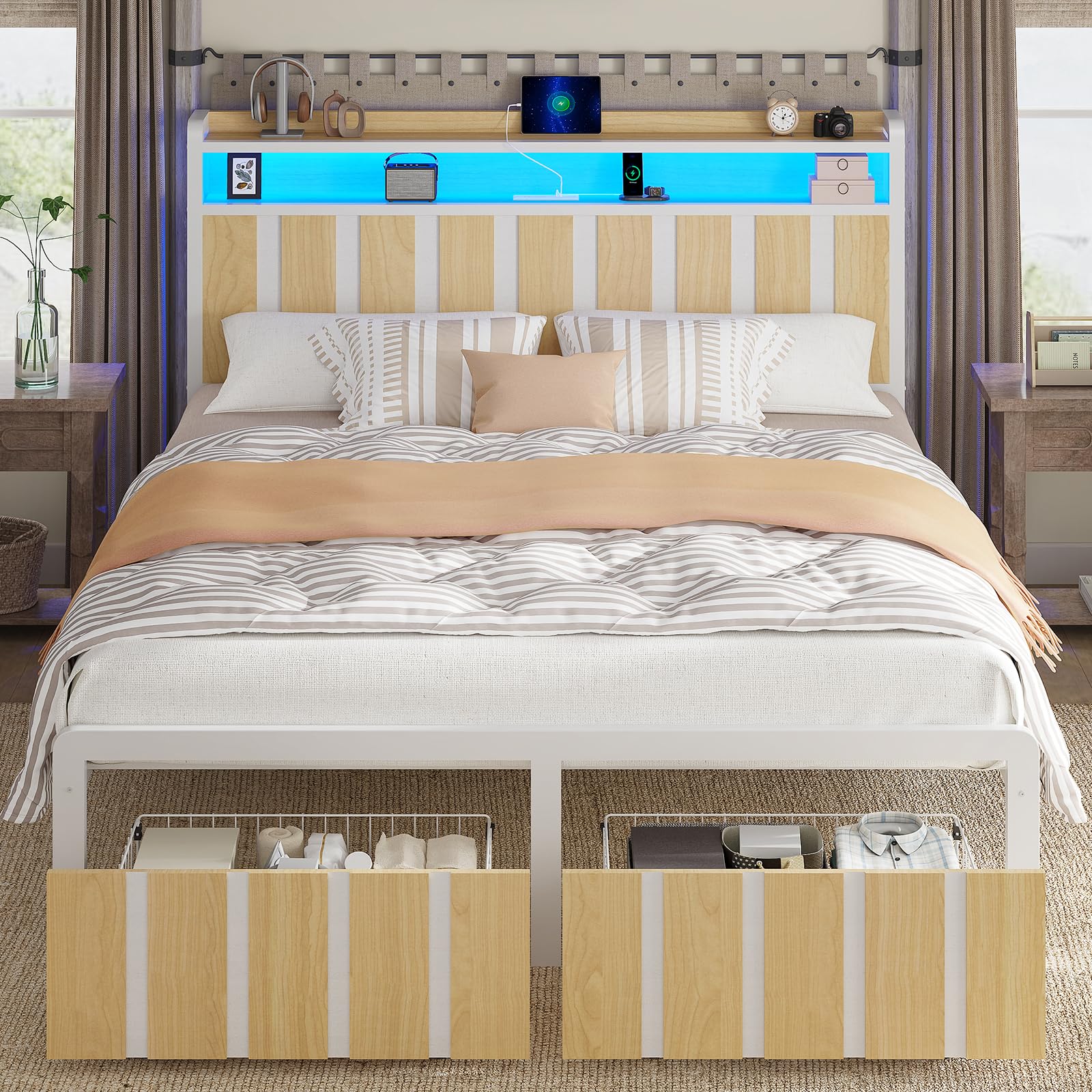 Queen Bed Frame with Storage Headboard & Dual Built-in Storage Drawers