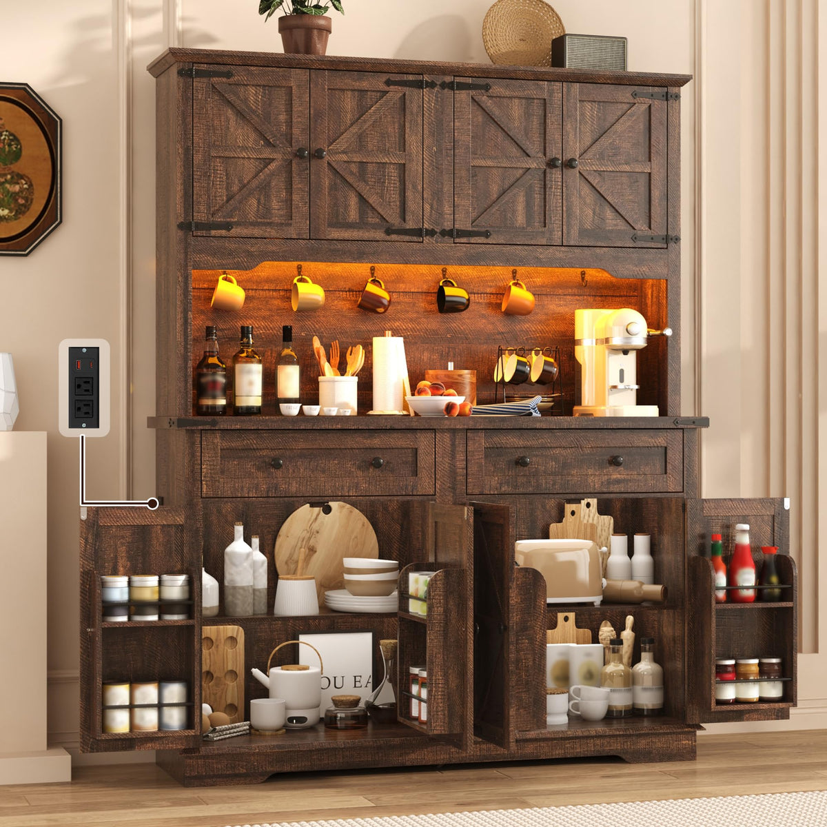 71" Farmhouse Kitchen Hutch Pantry Cabinet with LED, Power Outlets & Barn Doors