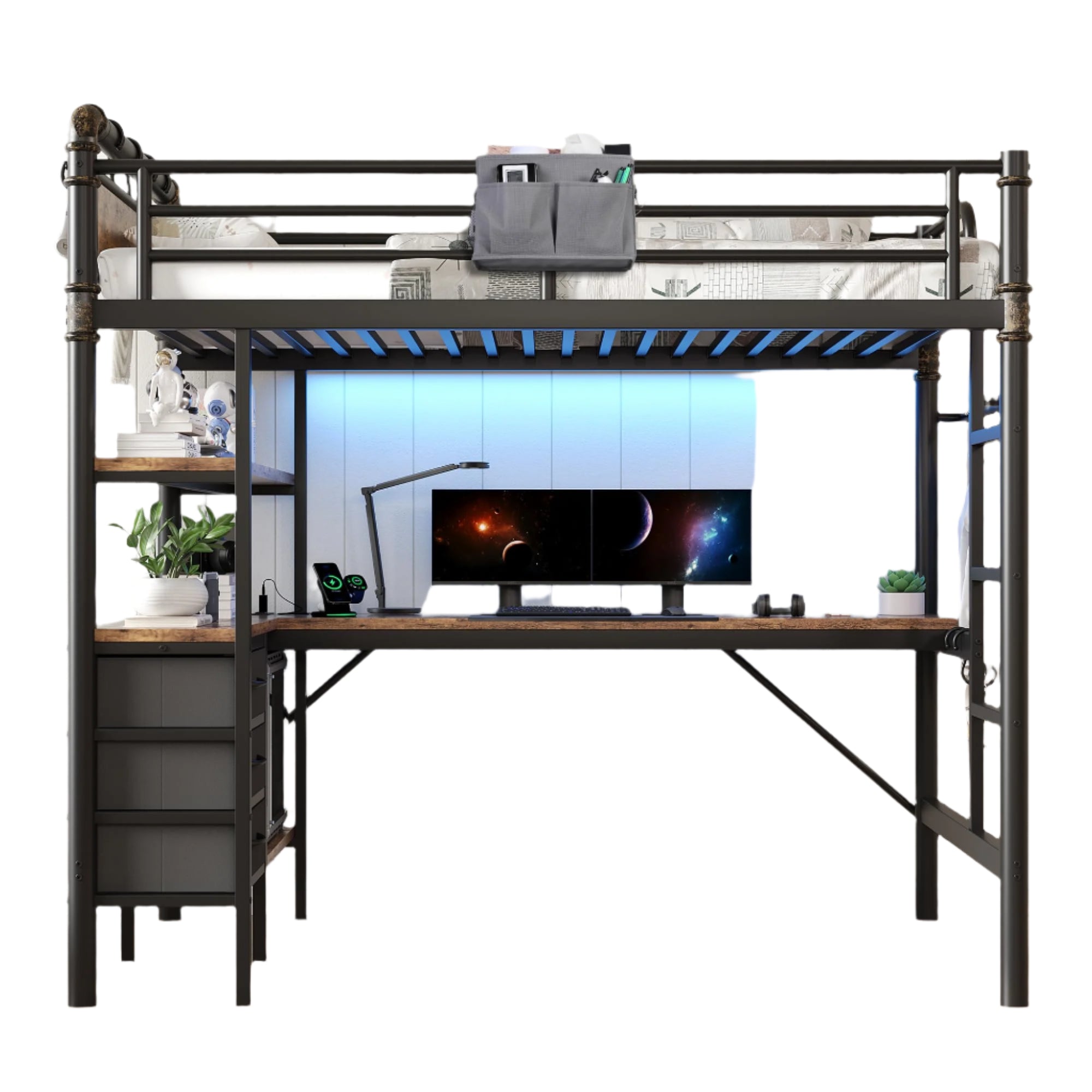 Twin Size Loft Bed with L-Shaped Desk, LED Lights,Charging Station