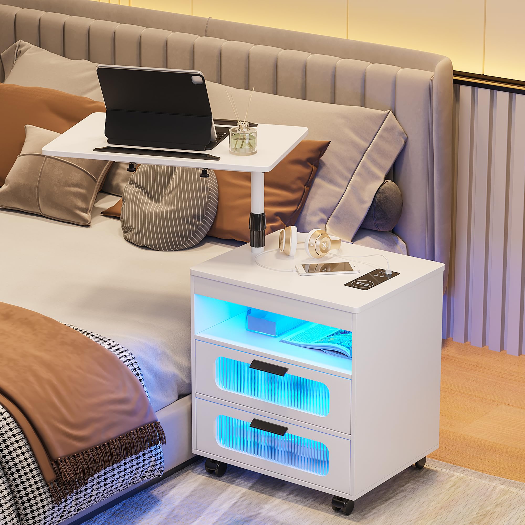 LED Night Stand Set 2 with Charging Station, Smart Nightstand wiht Human Body Lights