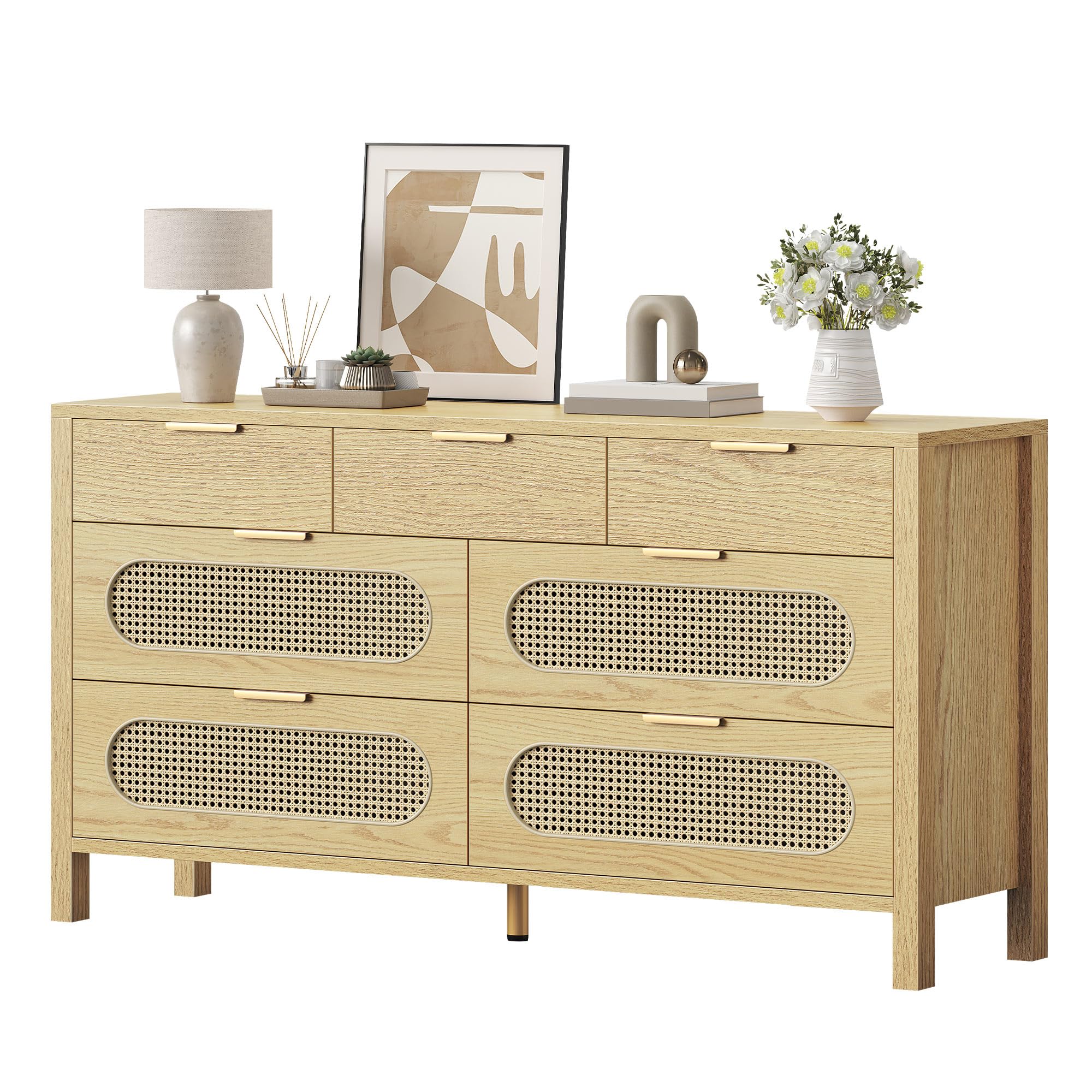 Natural Rattan 7 Drawer Dressers - Oak Wooden Dresser Chest of Drawers