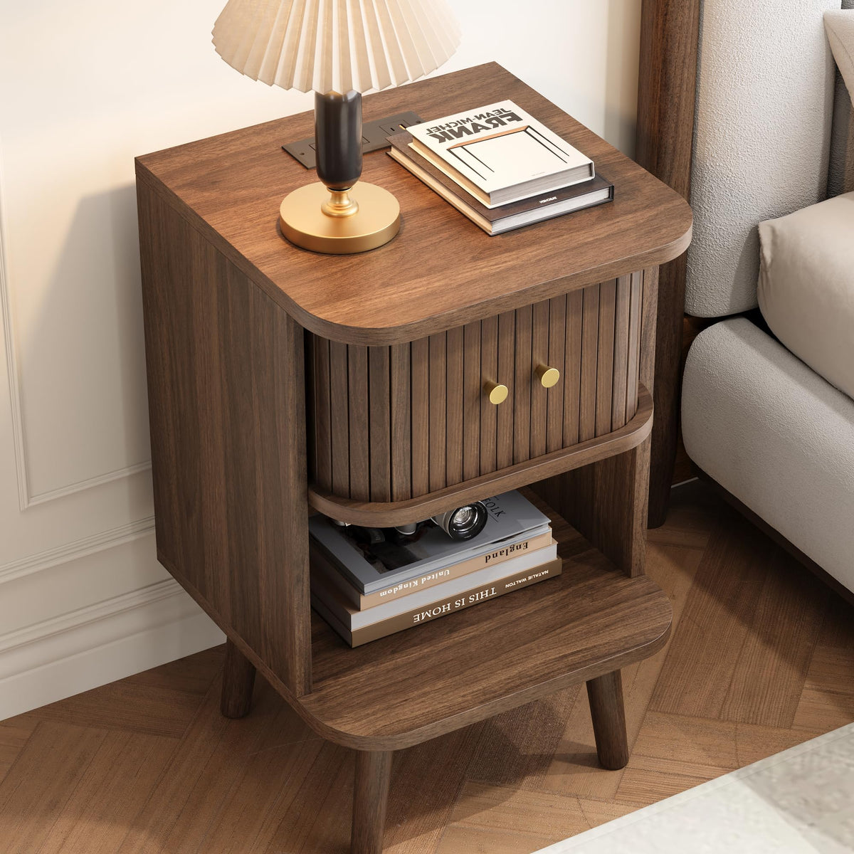 Fluted Nightstand with Charging Station & Sliding Door